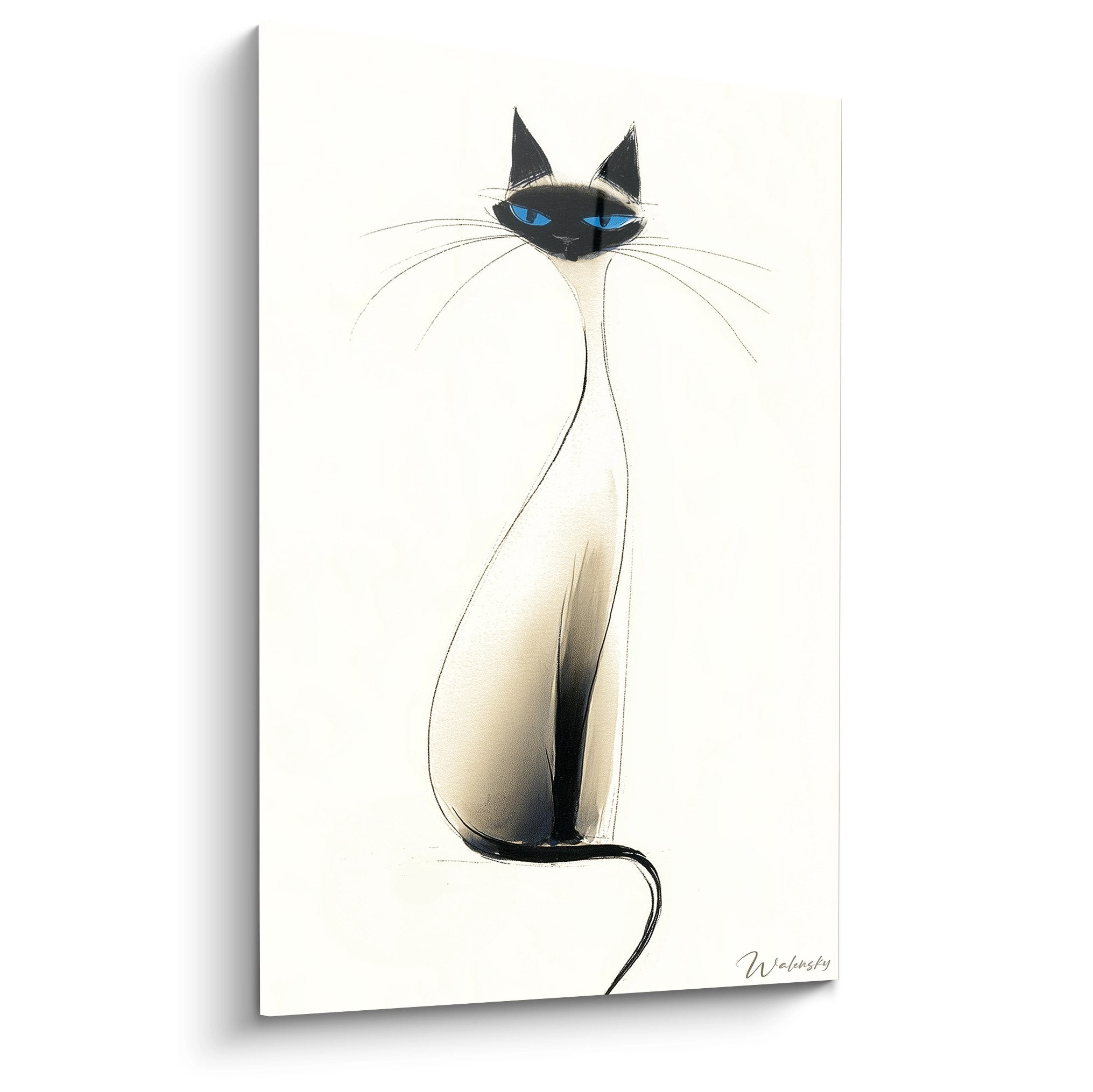 Minimalist Siamese cat wall art with blue eyes, contemporary style on light beige background