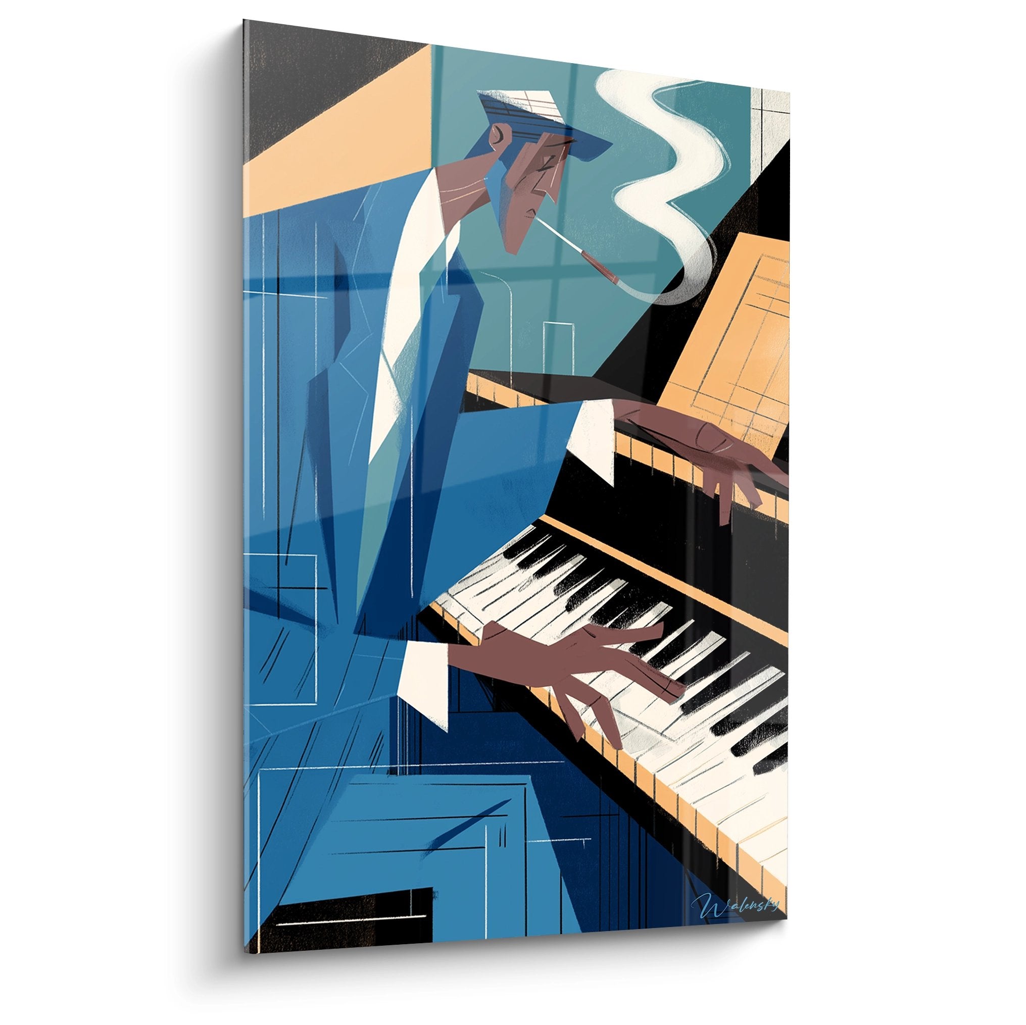 Quadro art deco pianista jazz in abito blu che suona il pianoforte con pipa, stile geometrico moderno