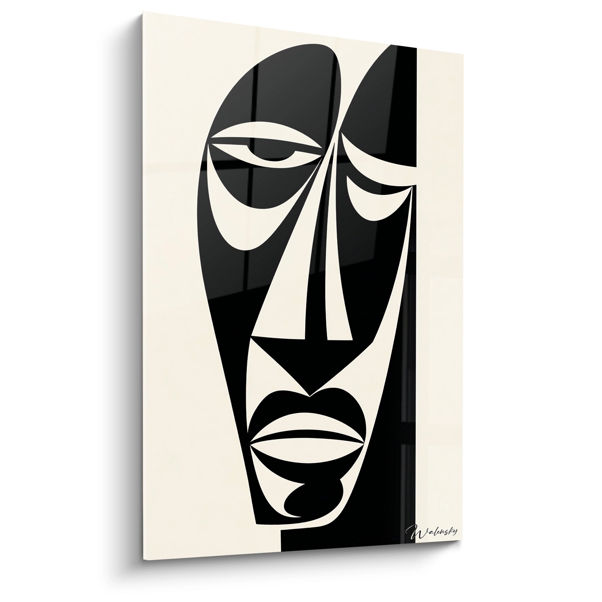 Stylized black and white African tribal mask artwork with contemporary geometric shapes on canvas