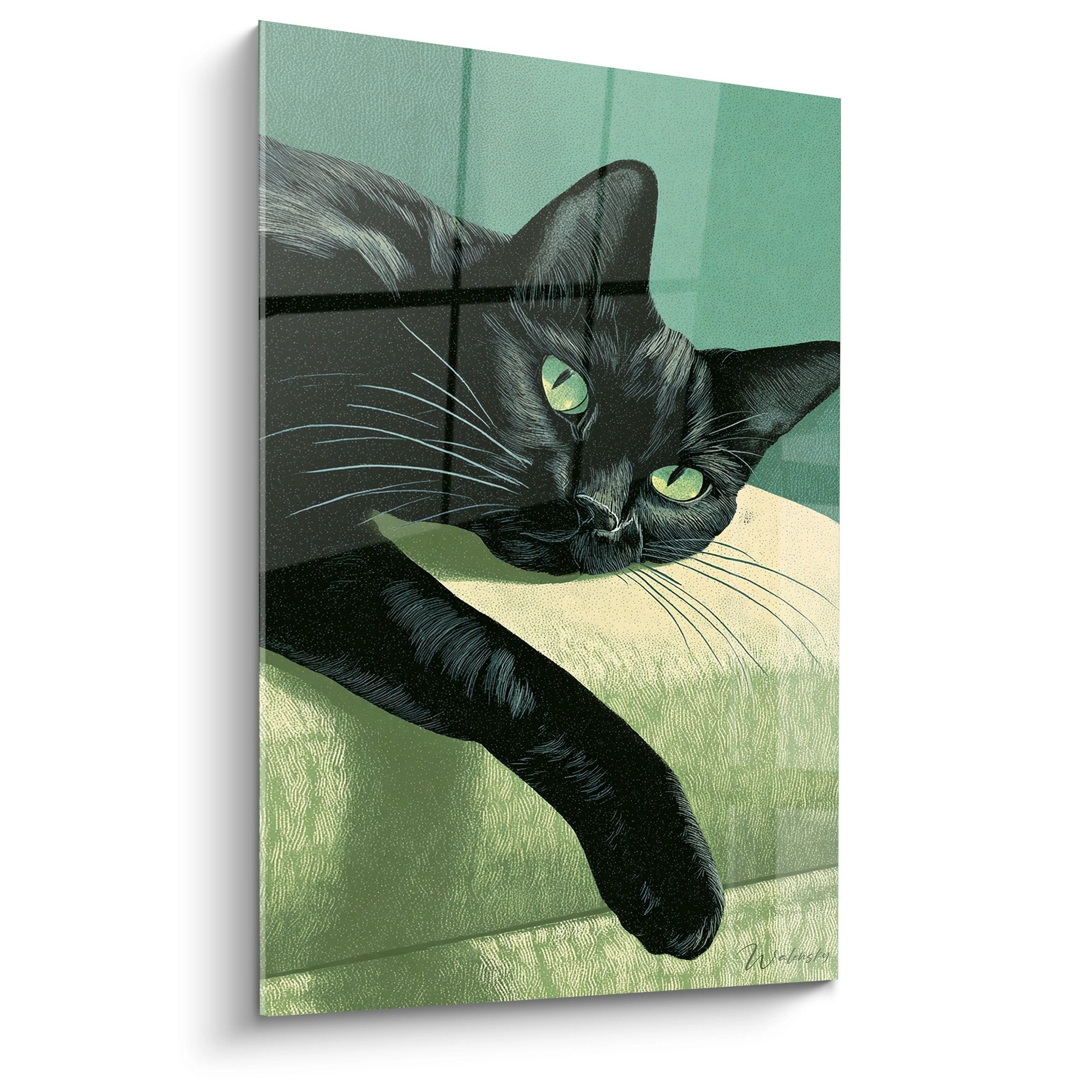 Tableau artistique chat noir aux yeux verts allongé, style réaliste, décoration murale élégante