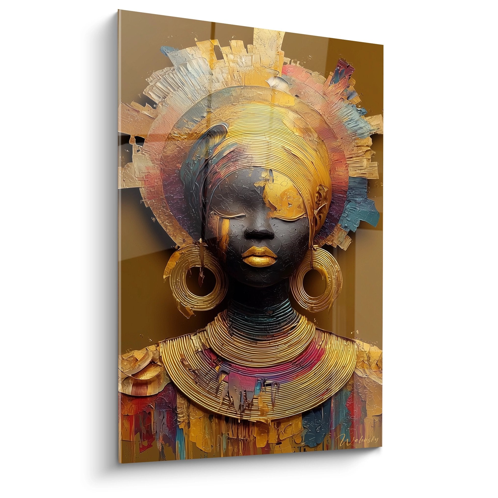 Dipinto arte africana donna corona dorata gioielli tradizionali pittura in rilievo tonalità calde decorazione murale