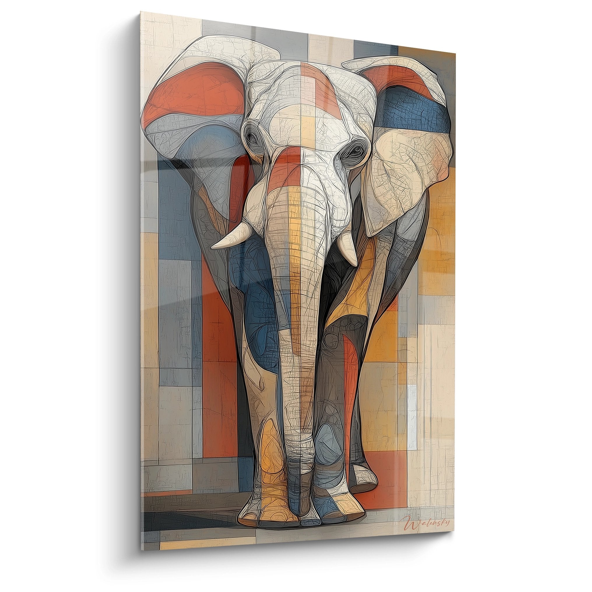 Quadro moderno elefante africa stile geometrico colorato con motivi astratti su sfondo neutro
