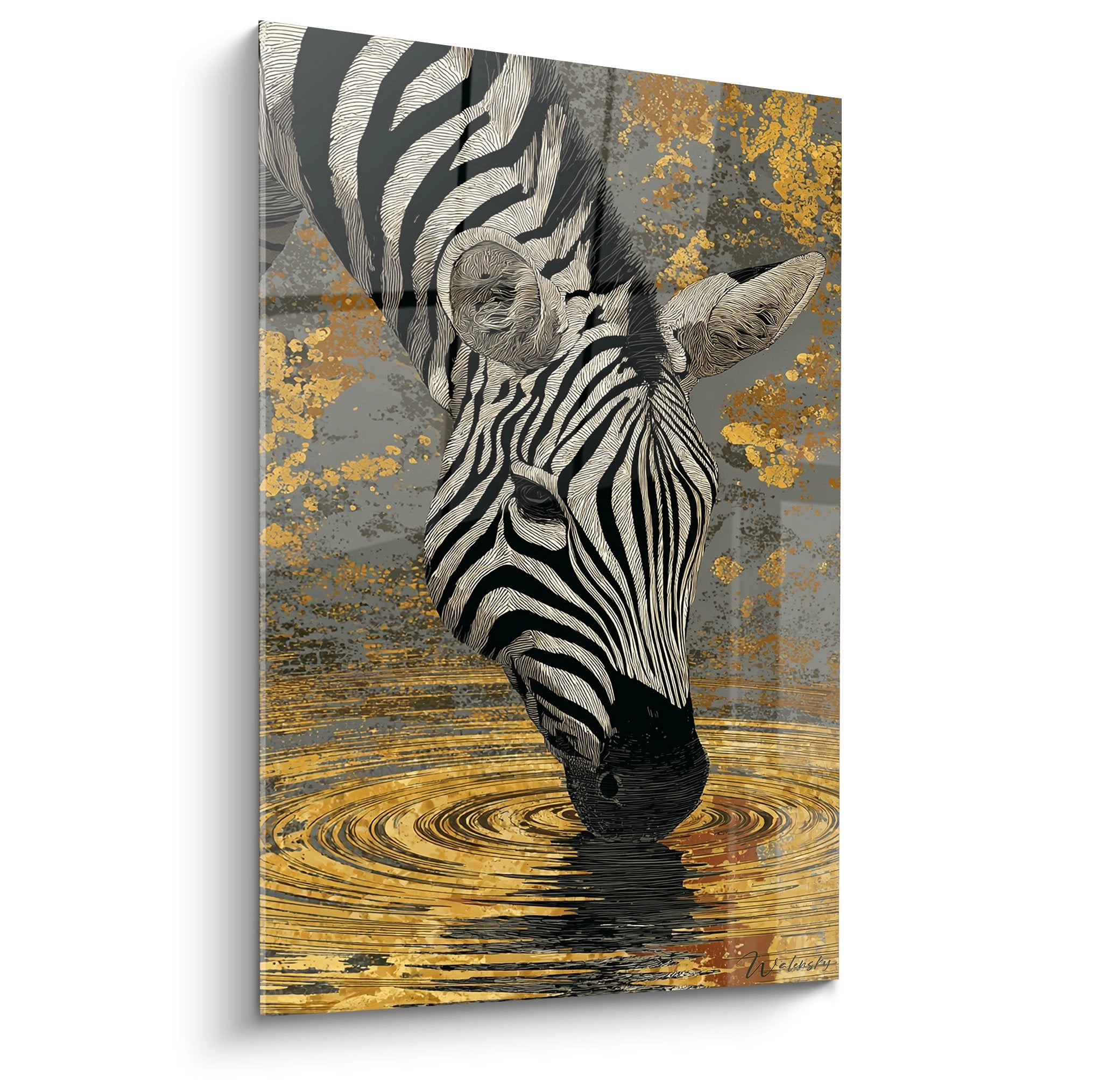Tableau zebre s'abreuvant dans l'eau avec reflets dores style artistique moderne decoration murale africaine