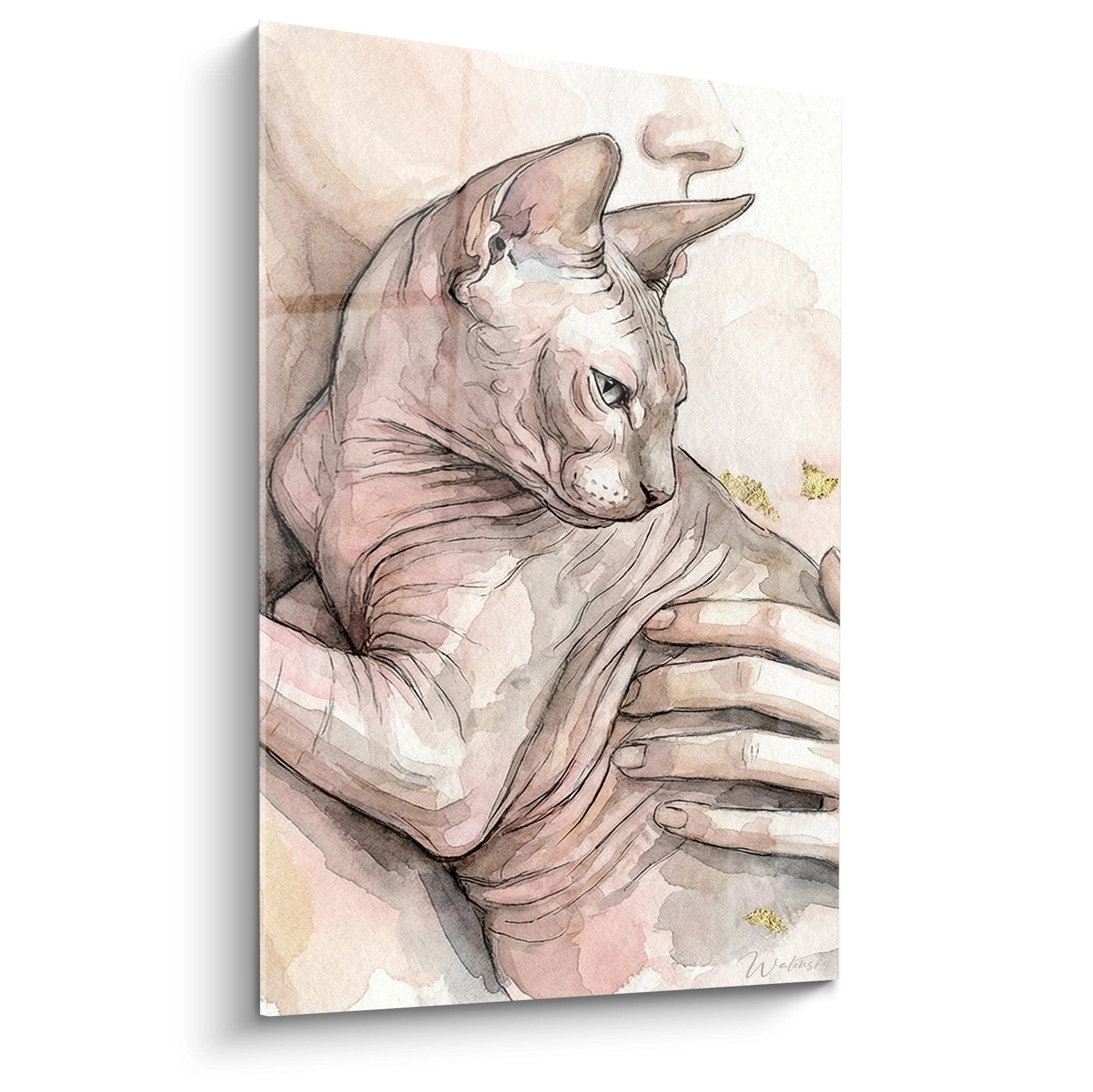 Dipinto acquerello gatto Peterbald rosa beige con mani umane, arte felina moderna su tela