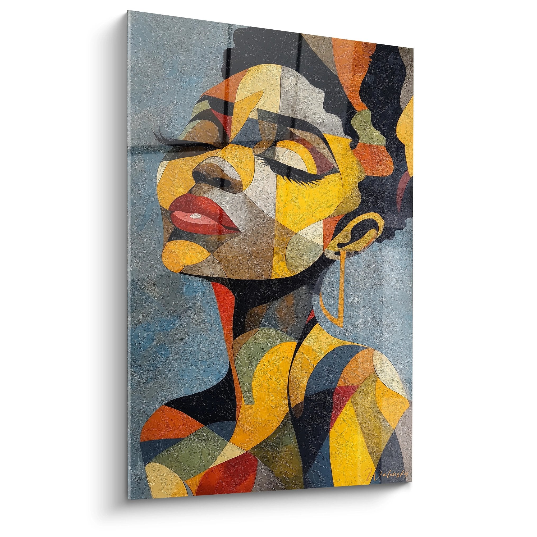 Quadro ritratto donna africana stile cubista con mosaico di colori caldi e freddi su tela moderna