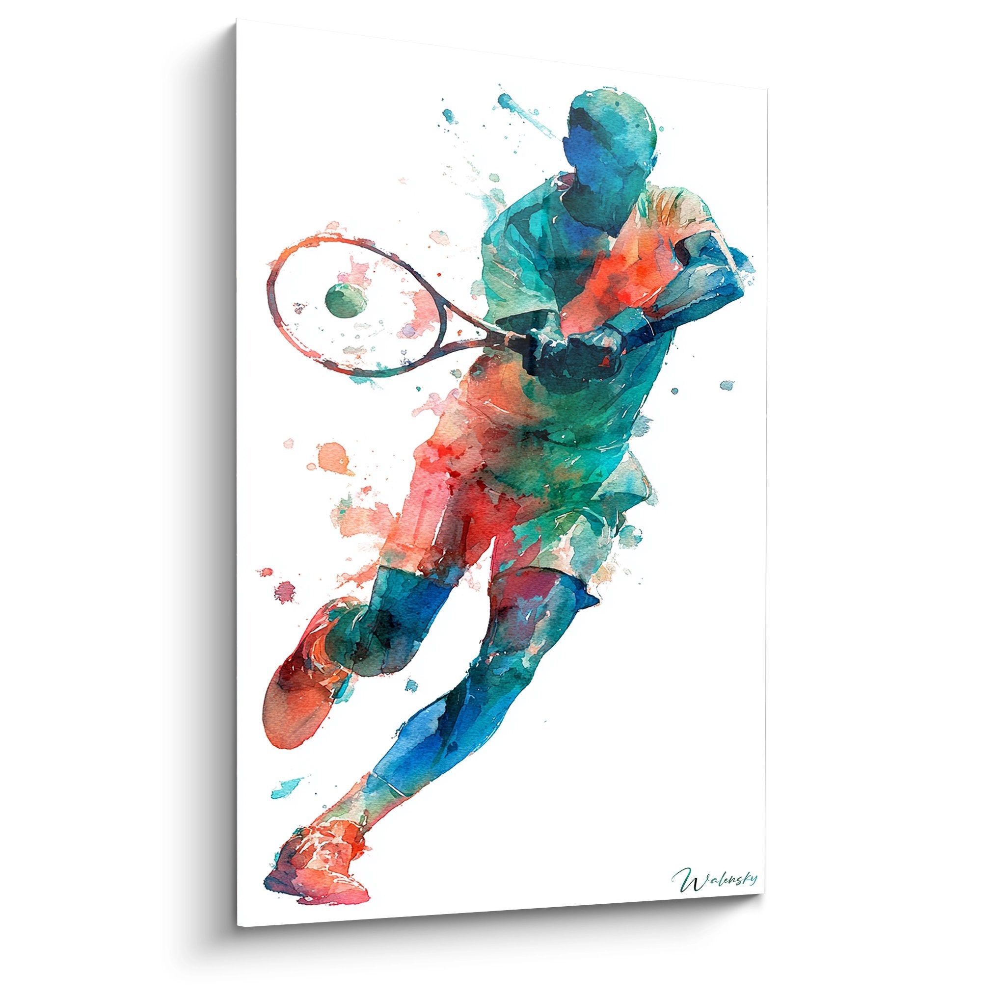 Tableau tennis aquarelle coloré représentant un joueur en mouvement avec éclaboussures artistiques