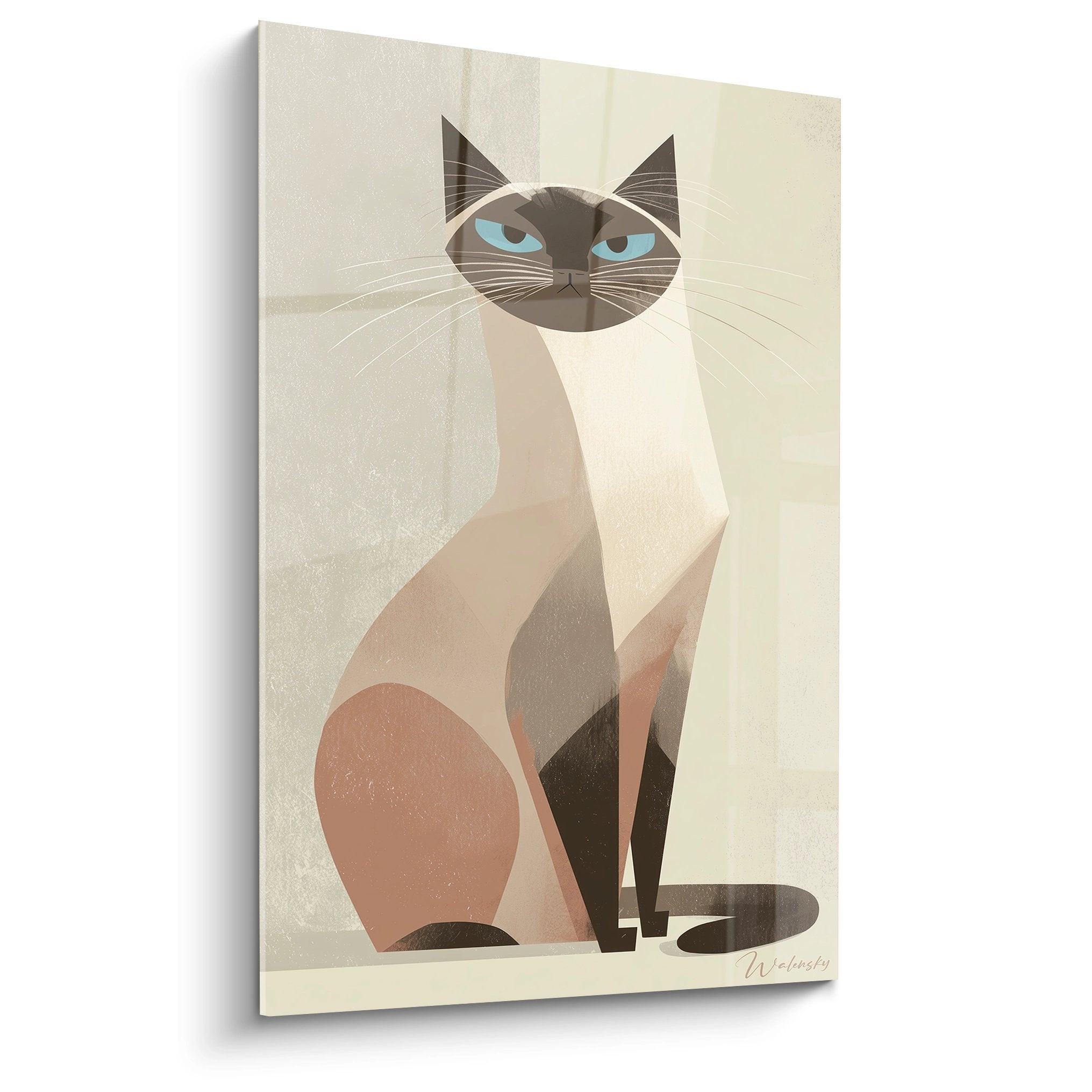 Quadro moderno gatto siamese geometrico con occhi blu, stile minimalista beige e talpa per decorazione