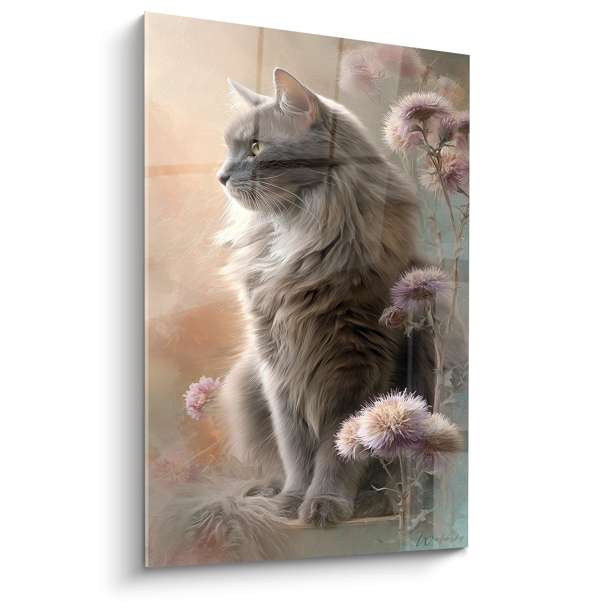 Gemälde türkische Angora-Katze grau, die wilde rosafarbene Blumen betrachtet, elegante dekorative Felinen-Wandkunst