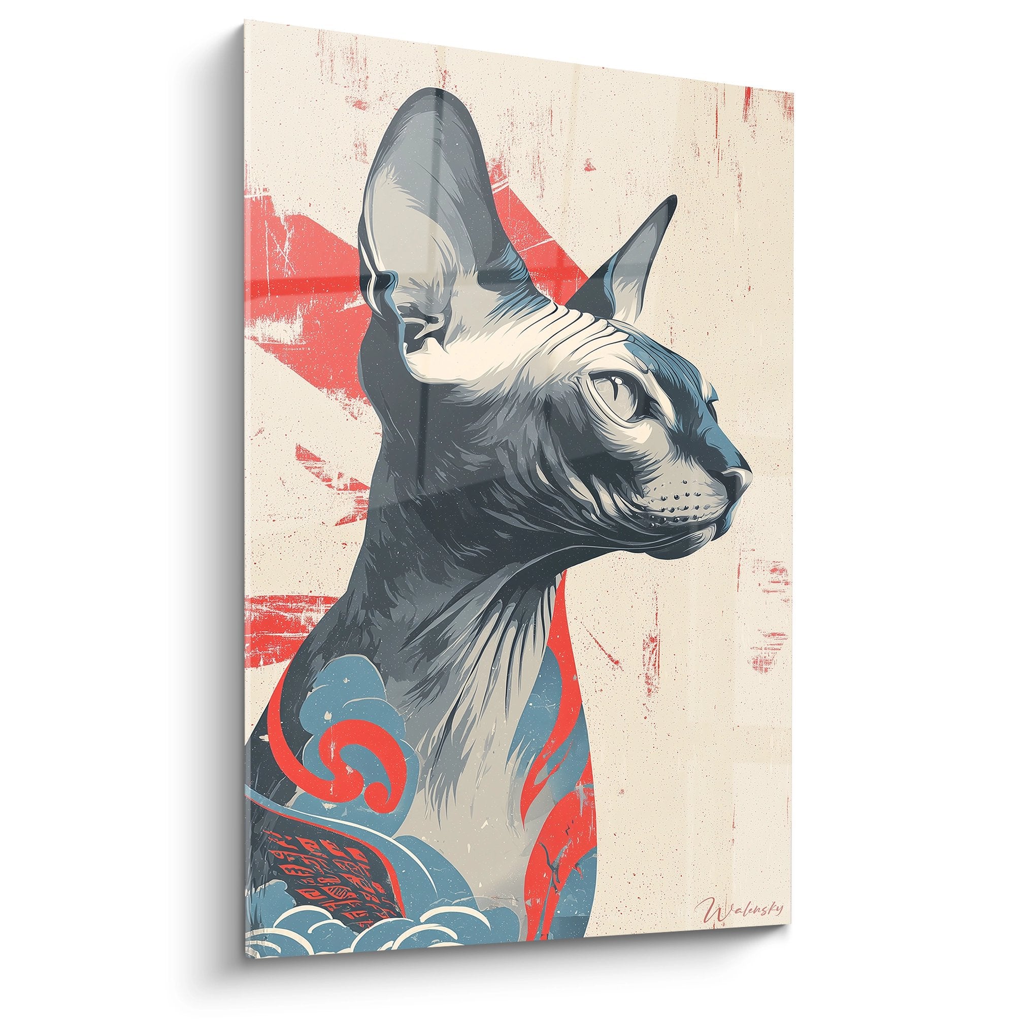 Quadro gatto Sphynx di profilo in stile giapponese con motivi rossi e blu su fondo beige invecchiato