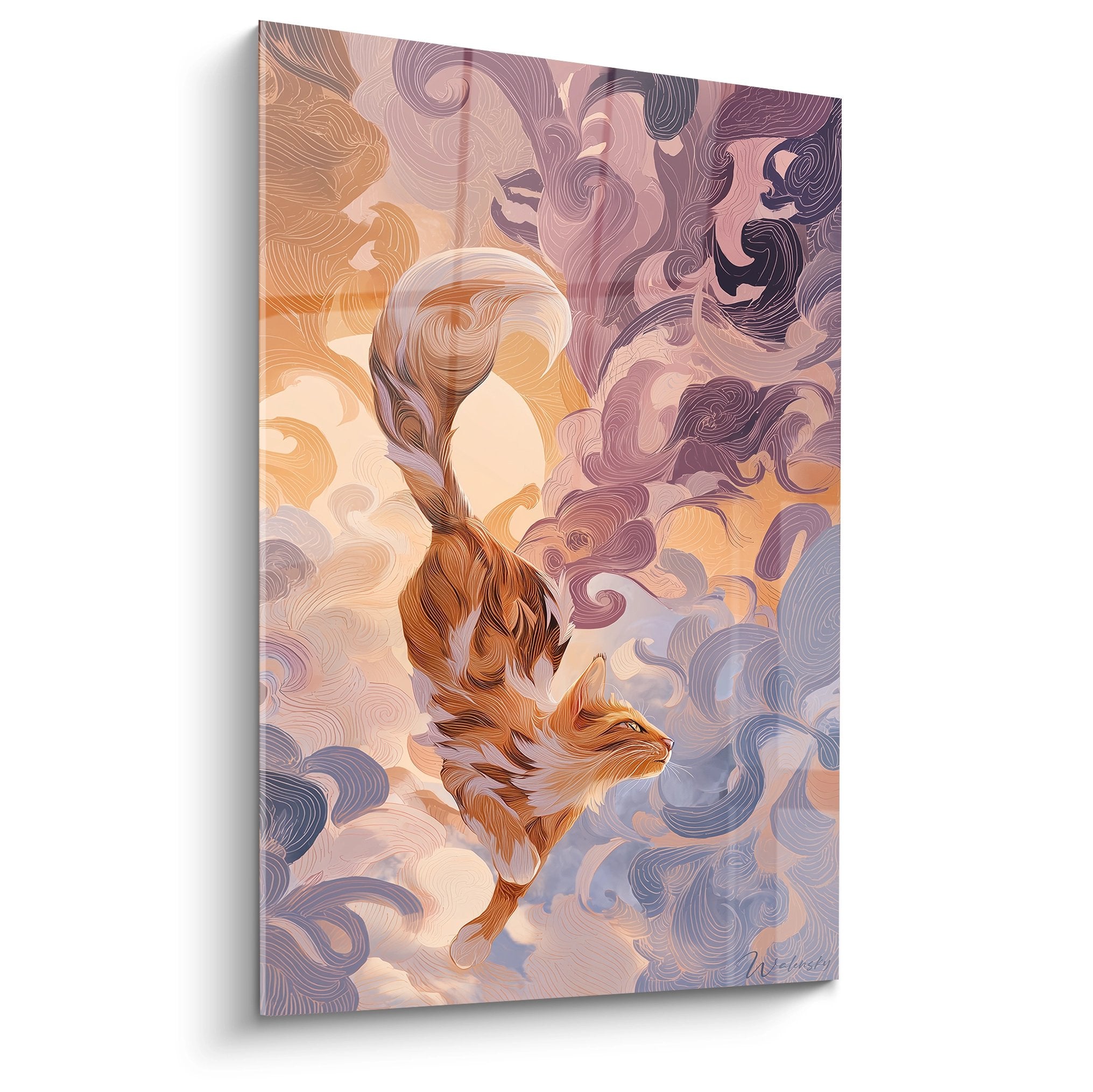 Künstlerisches Gemälde einer roten Somali-Katze in goldenen und violetten Wolken, dekorativer Wandkunststil im Jugendstil