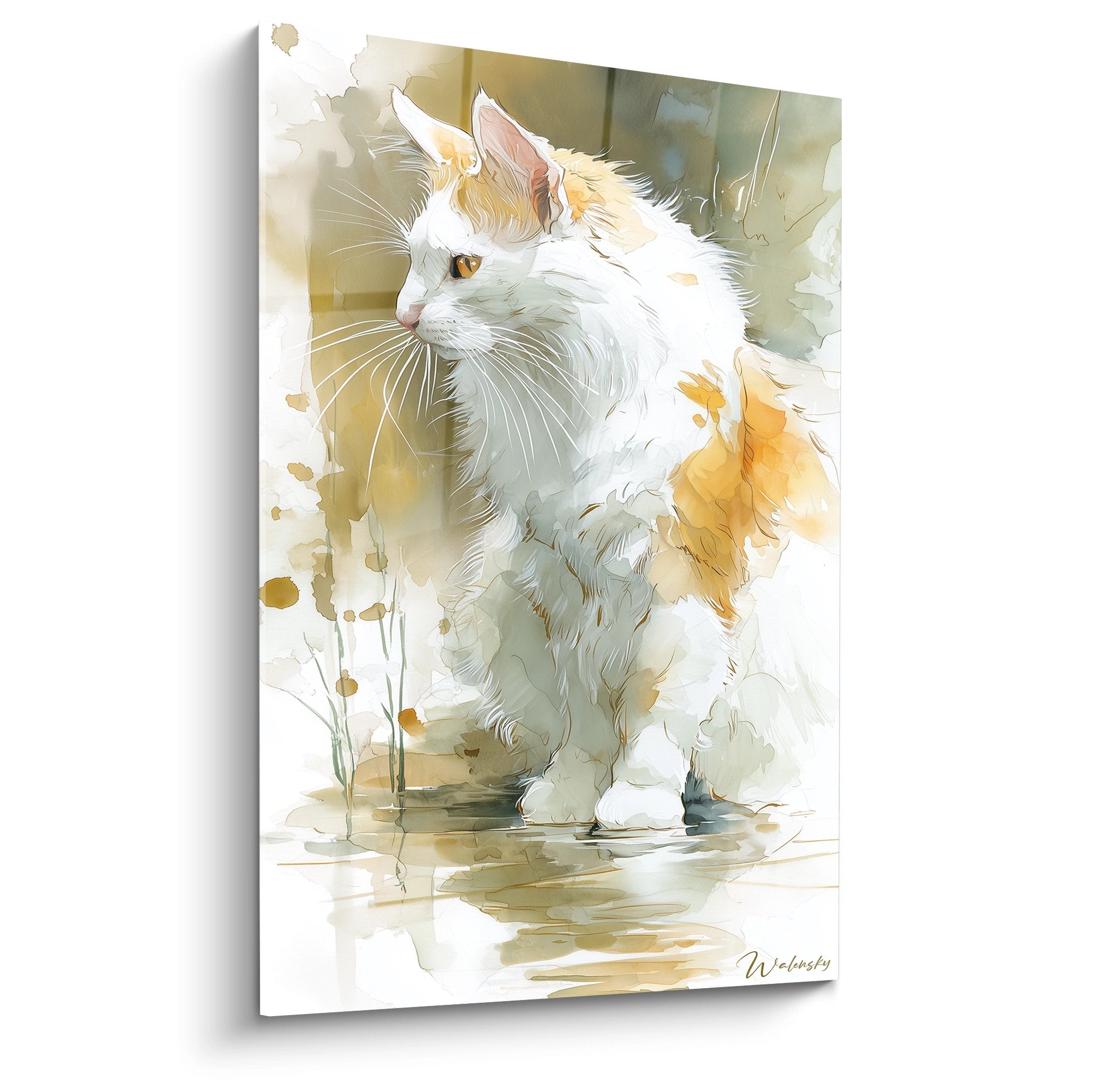 Tableau aquarelle chat Turkish Van blanc aux reflets dores style artistique decoration murale feline