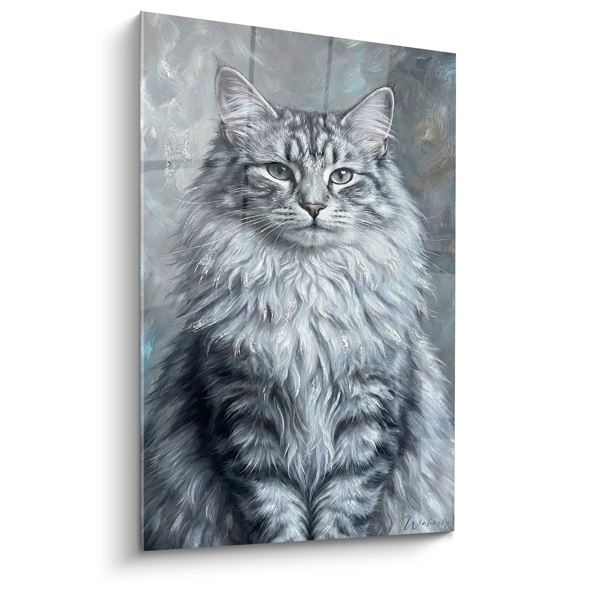 Porträtgemälde einer grauen norwegischen Waldkatze mit grünen Augen, seidigem Fell, dekoratives Katzen-Wandkunst