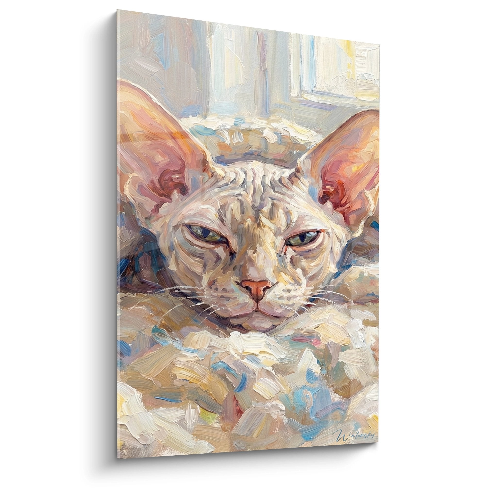 Quadro espressionista di un gatto Peterbald dai colori caldi, stile pittura a olio con sguardo contemplativo