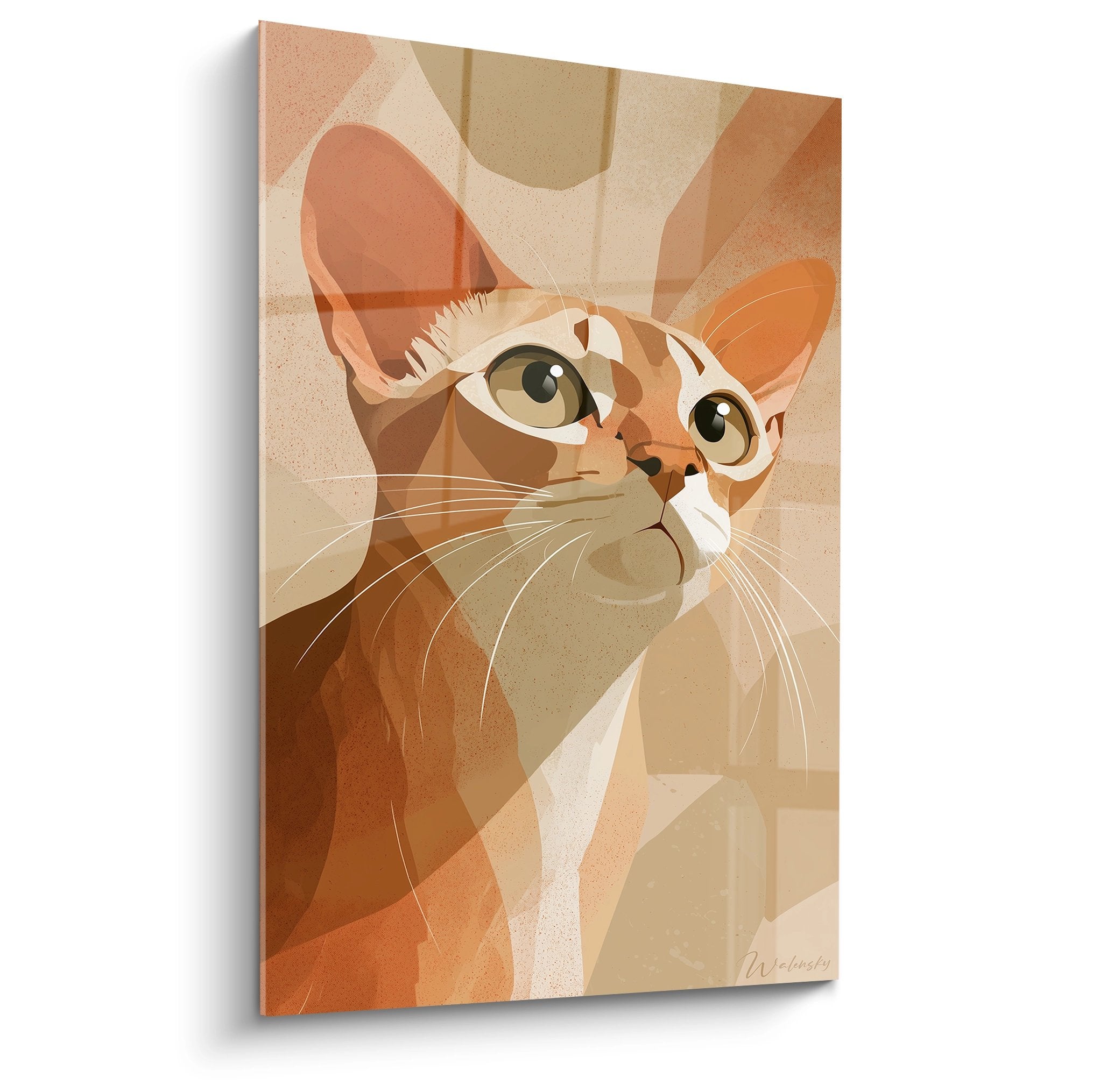 Tableau moderne chat Singapura style cubiste couleurs chaudes regard vert expressif art contemporain