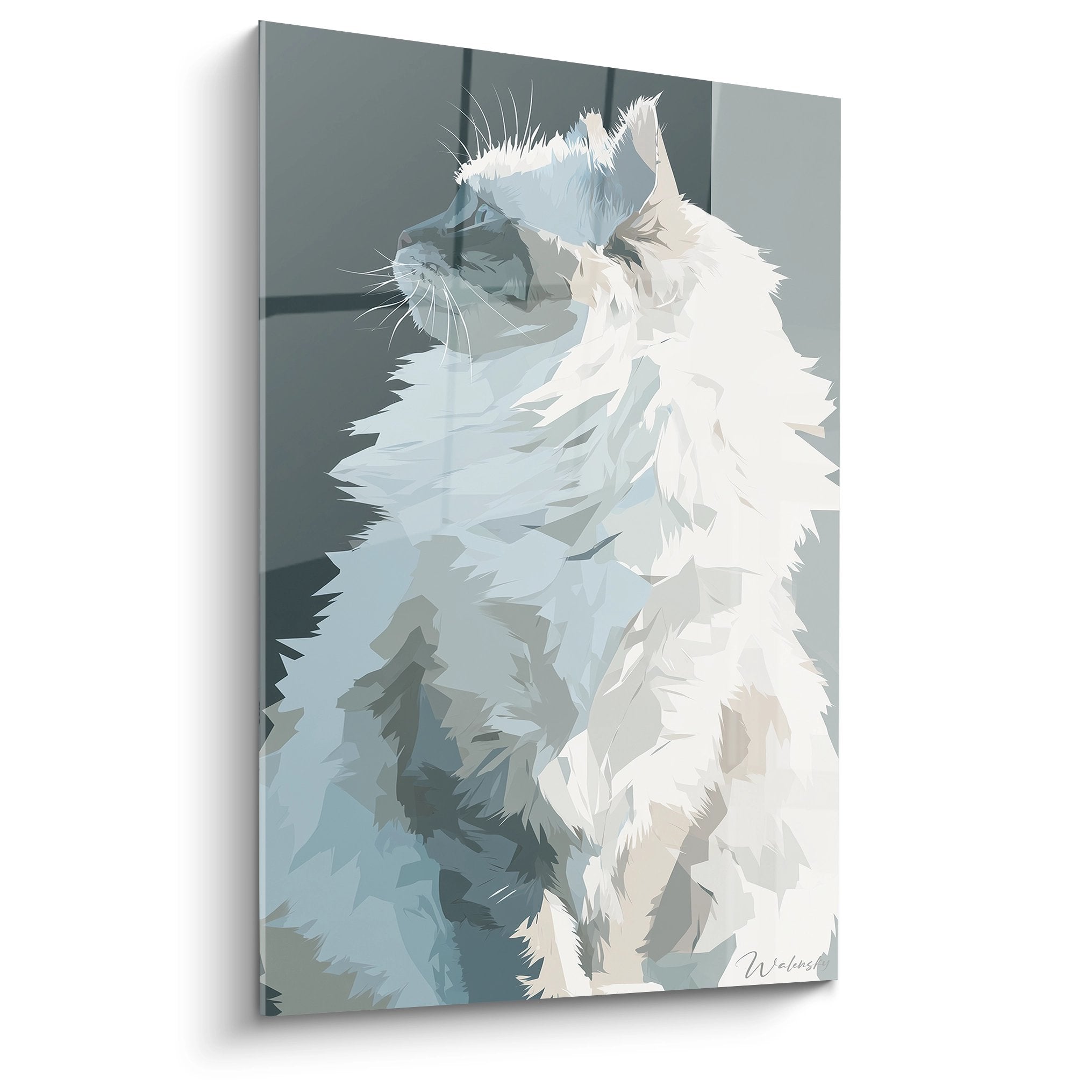 Tableau artistique chat Sibérien blanc aux yeux bleus, pelage long et soyeux, style moderne sur fond gris