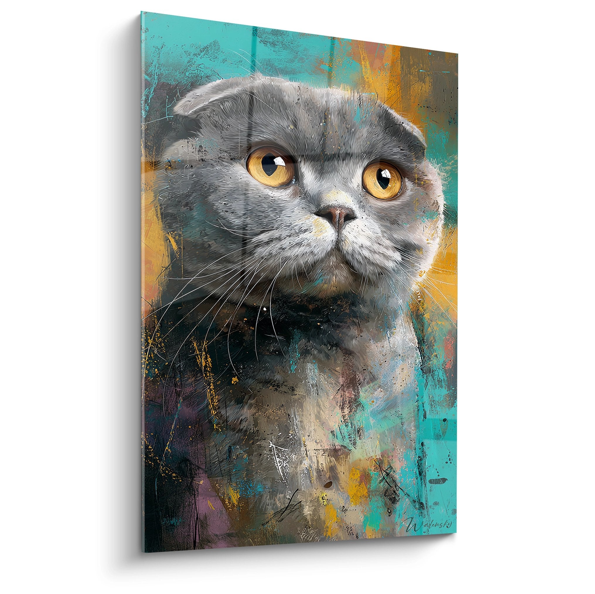 Tableau artistique chat Scottish Fold gris aux yeux dorés sur fond turquoise et or, style moderne