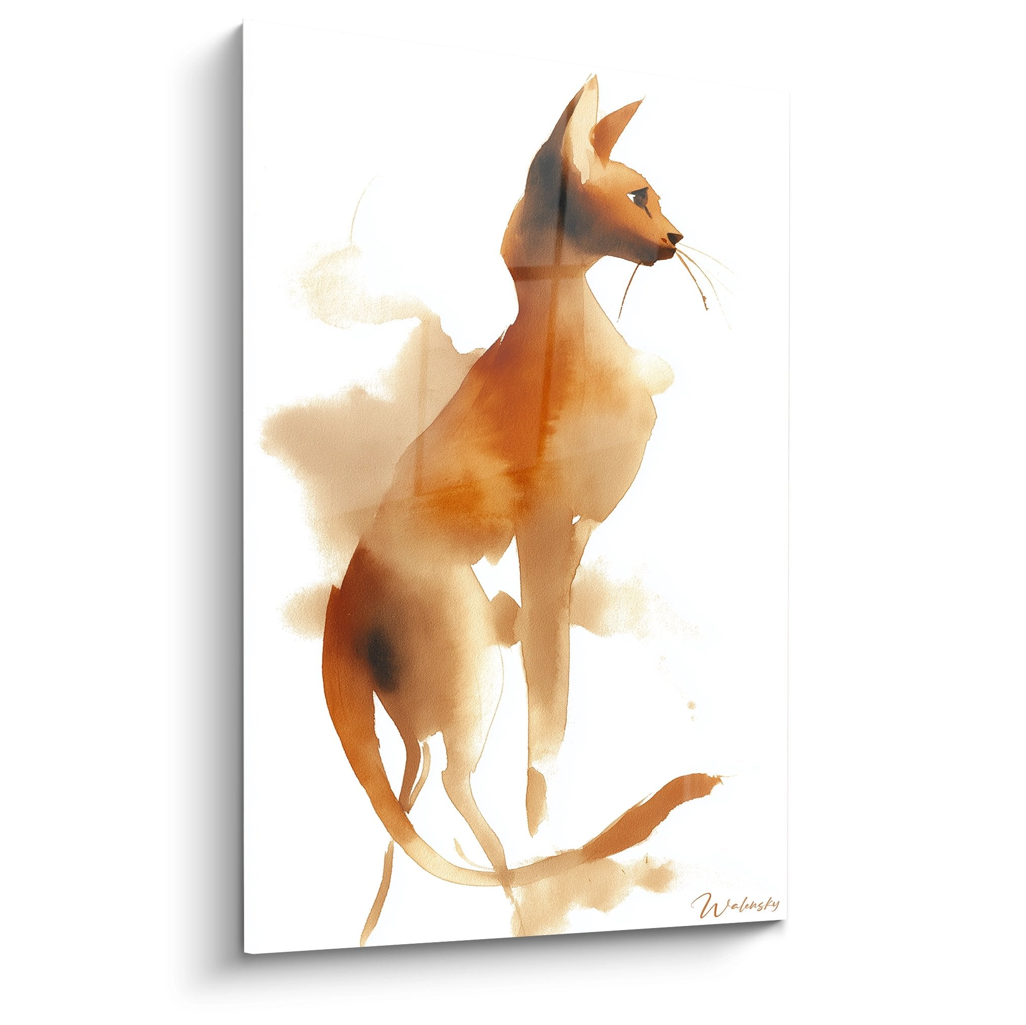 Dipinto acquerello gatto Serengeti tonalità dorate profilo elegante arte murale felino moderno decorazione