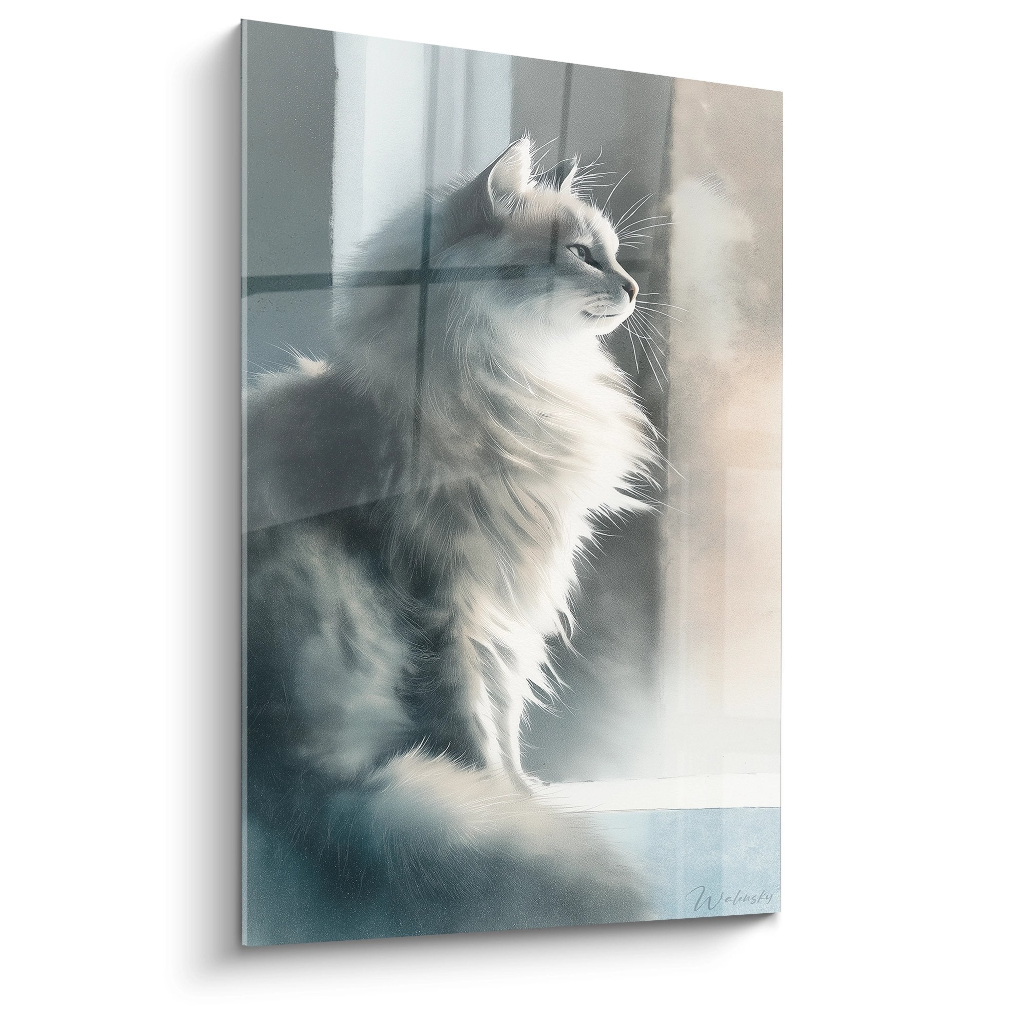 Tableau chat sibérien contemplatif près fenêtre lumière douce fourrure grise blanche art mural déco