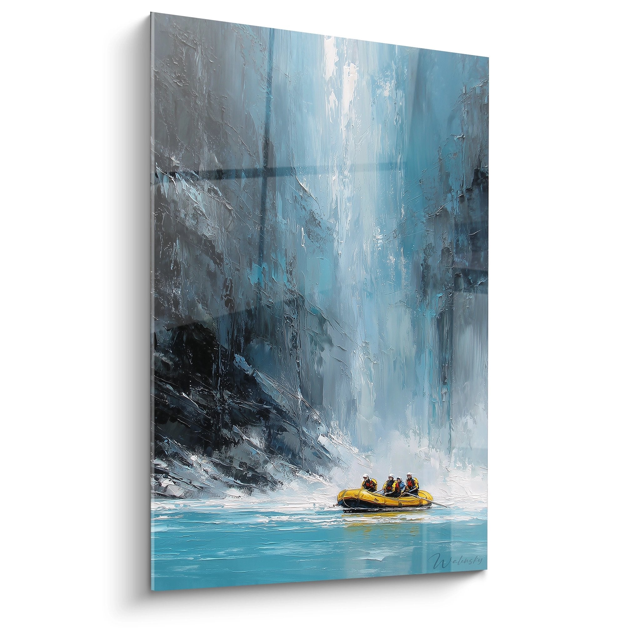 Quadro cascata rafting con imbarcazione gialla ai piedi di una maestosa cascata tra pareti rocciose