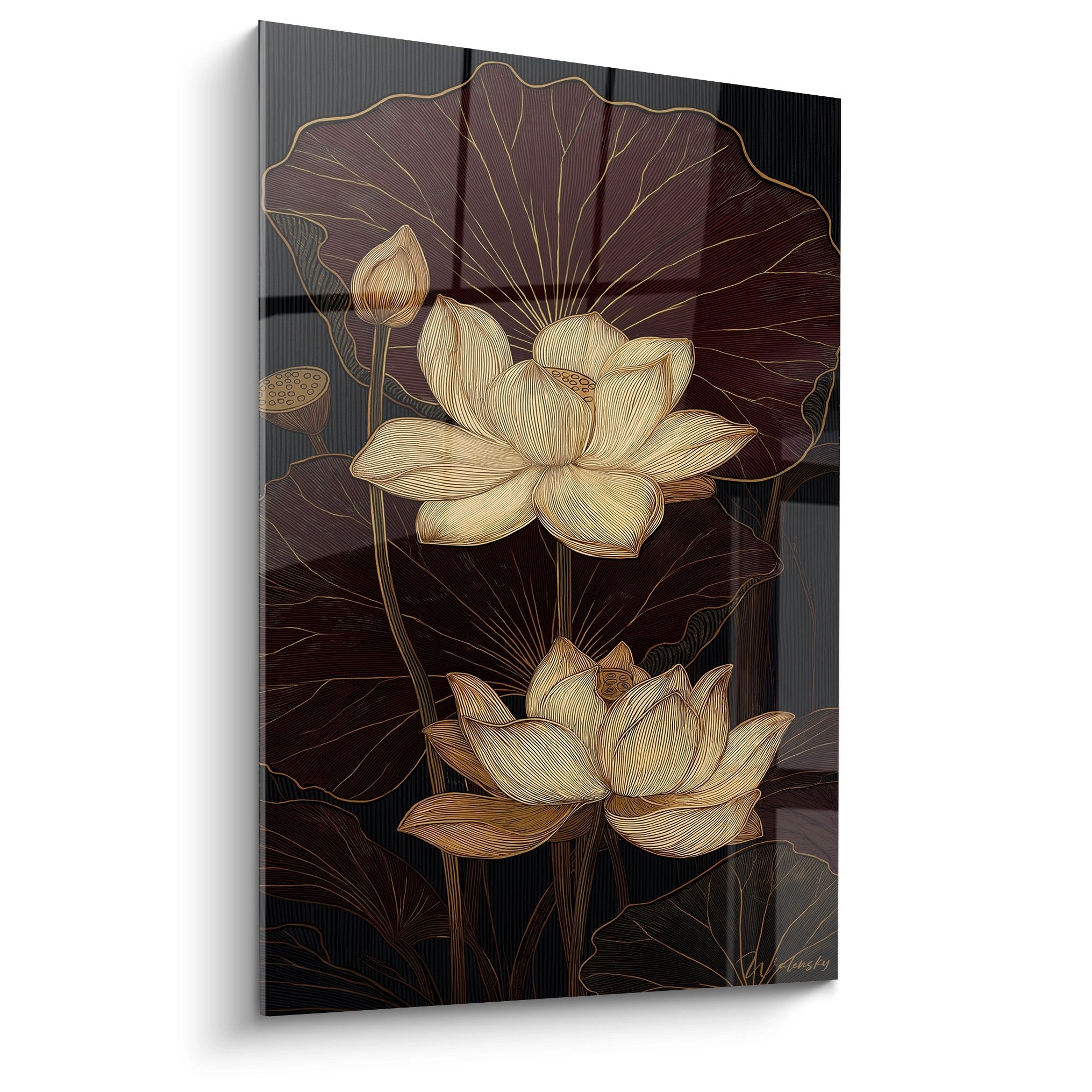 Art deco lotus golden painting on dark background with stylized leaves and elegant geometric flowers