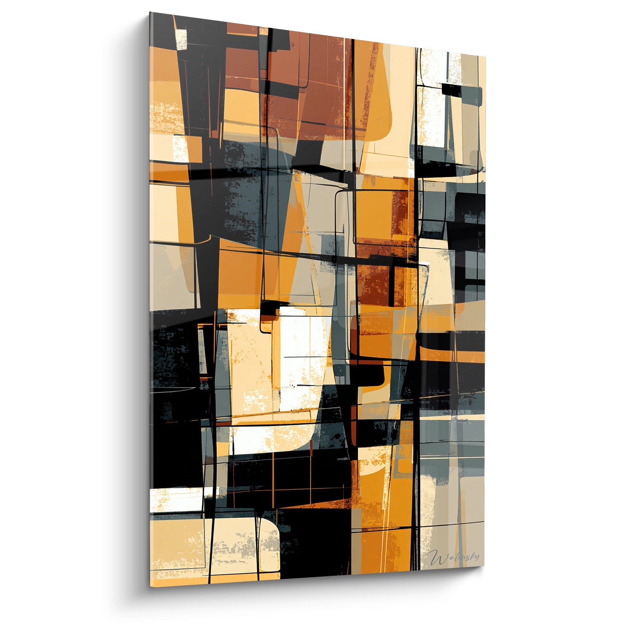 Abstract geometric painting with warm ochre and orange colors modern African inspiration