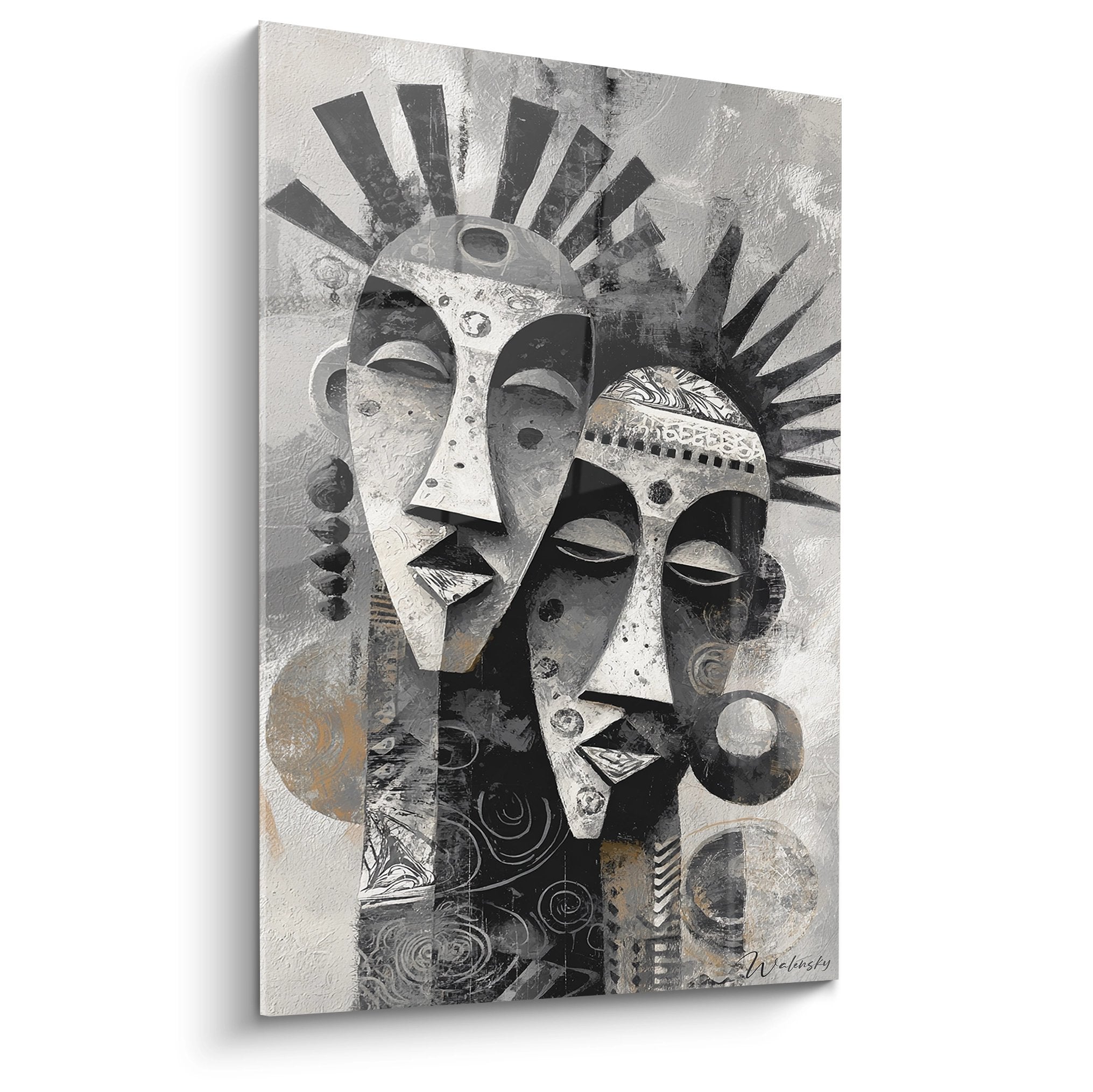 African tribal art painting with stylized masks in black and white, modern composition of interlaced geometric faces