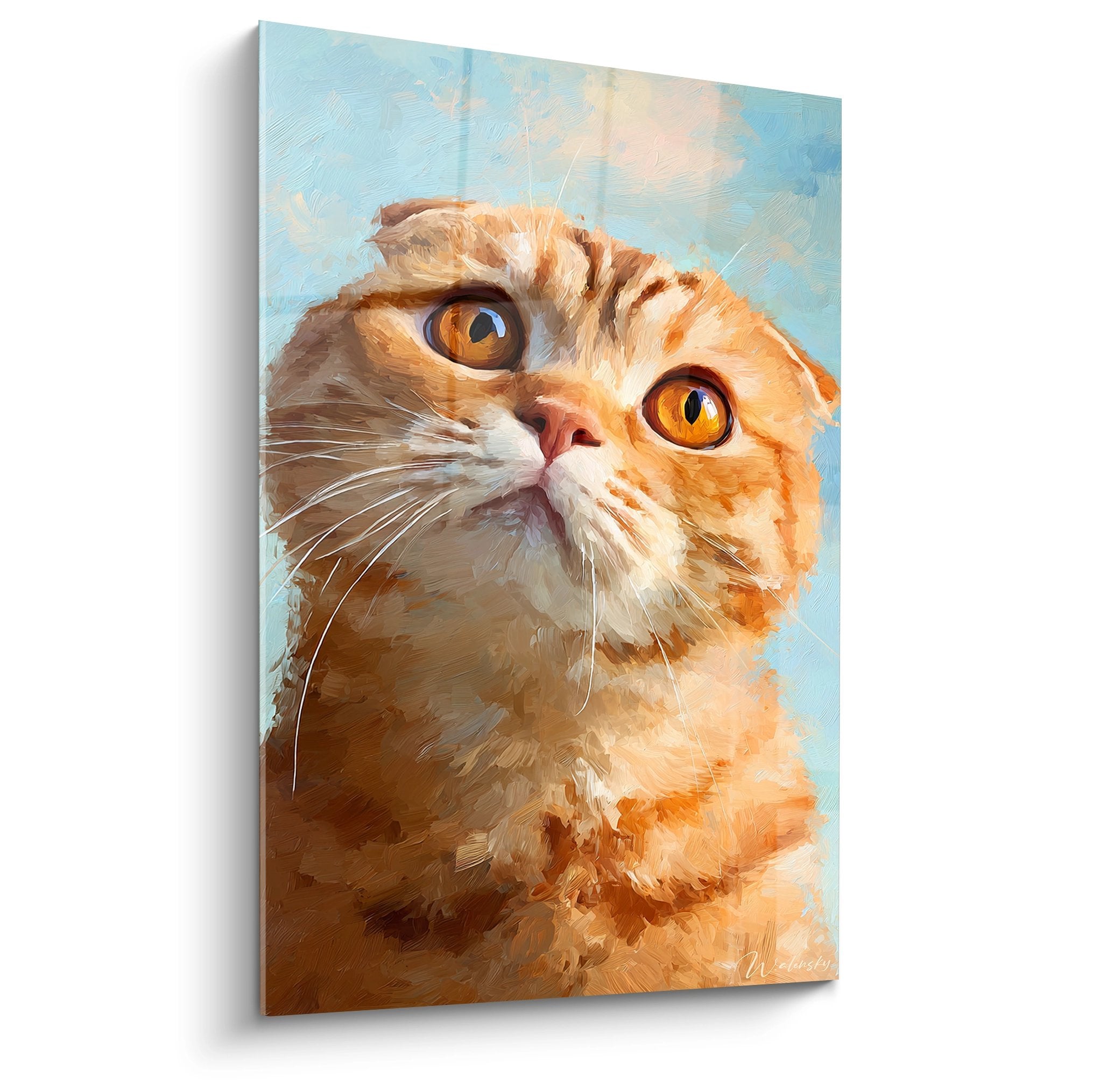 Artistic painting of a ginger Scottish Fold cat with amber eyes looking upward with curiosity