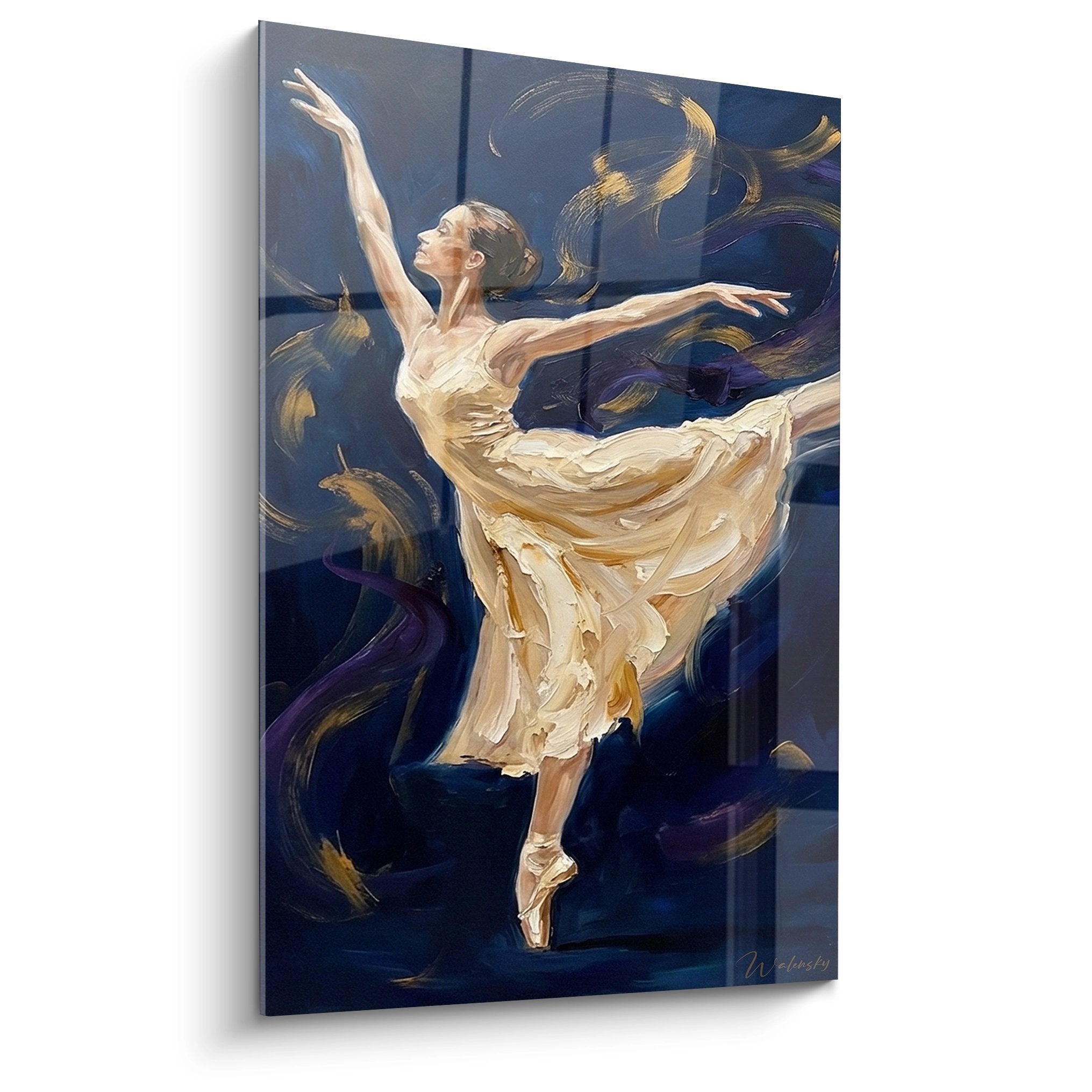 Quadro moderno ballerina in tutù bianco che danza su sfondo blu notte, arte murale danza classica decorazione