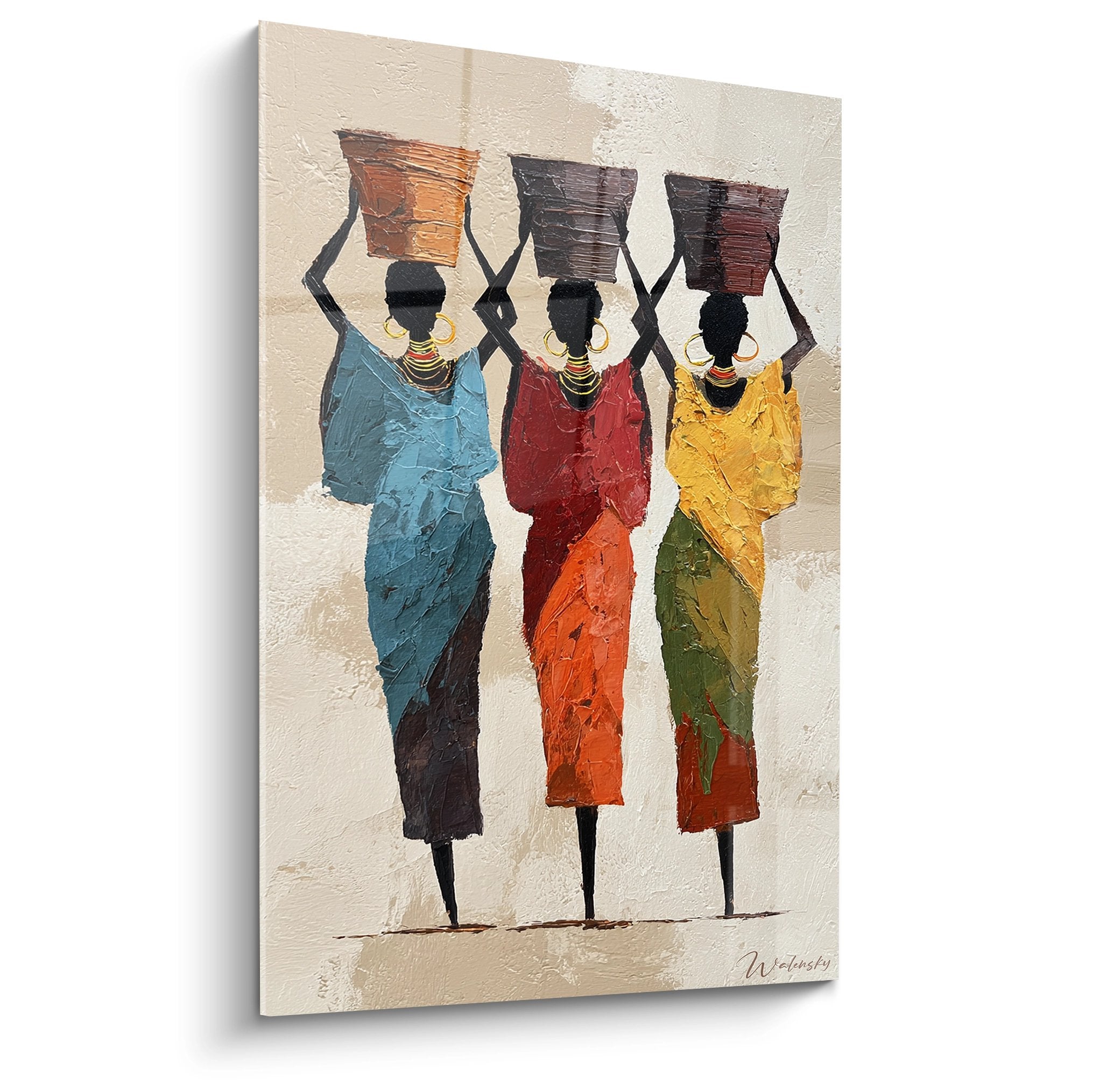 Tableau representant trois femmes africaines en robes colorees portant des paniers sur la tete, art mural culture africaine