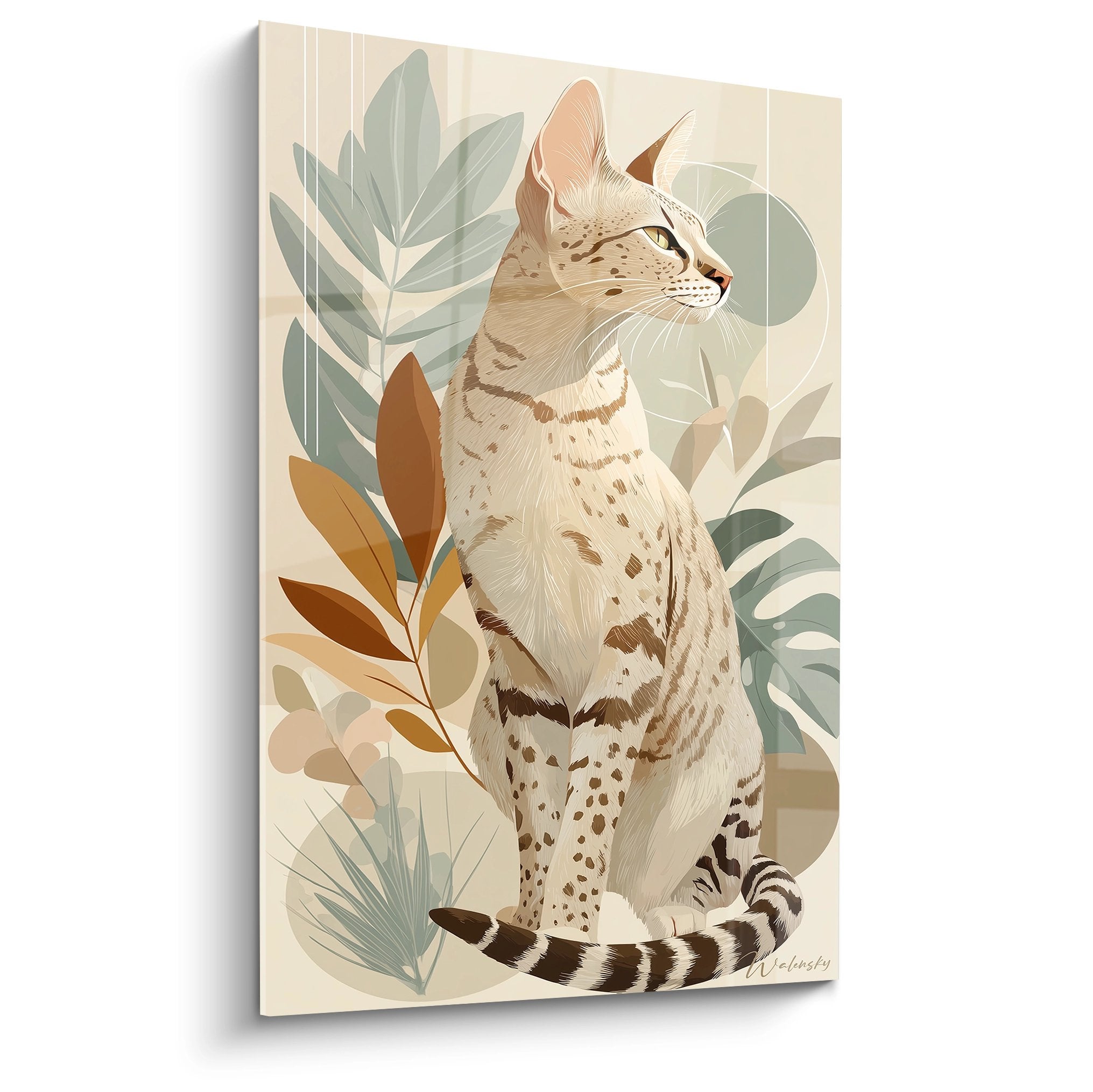 Tableau moderne représentant un chat Savannah assis dans un décor tropical aux tons beiges et verts