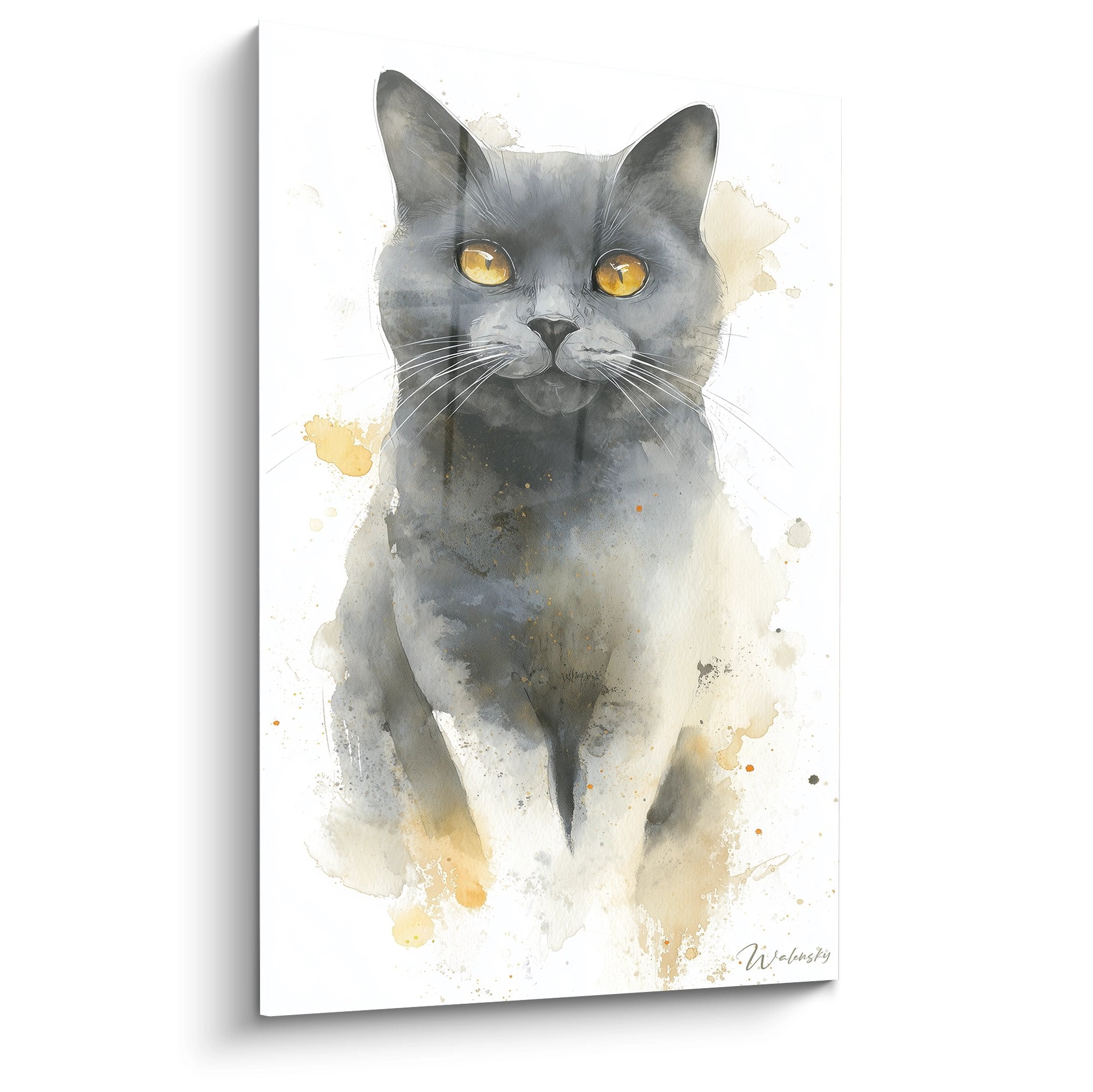 Elegant portrait of gray Chartreux cat with golden eyes, contemporary watercolor style artistic wall art