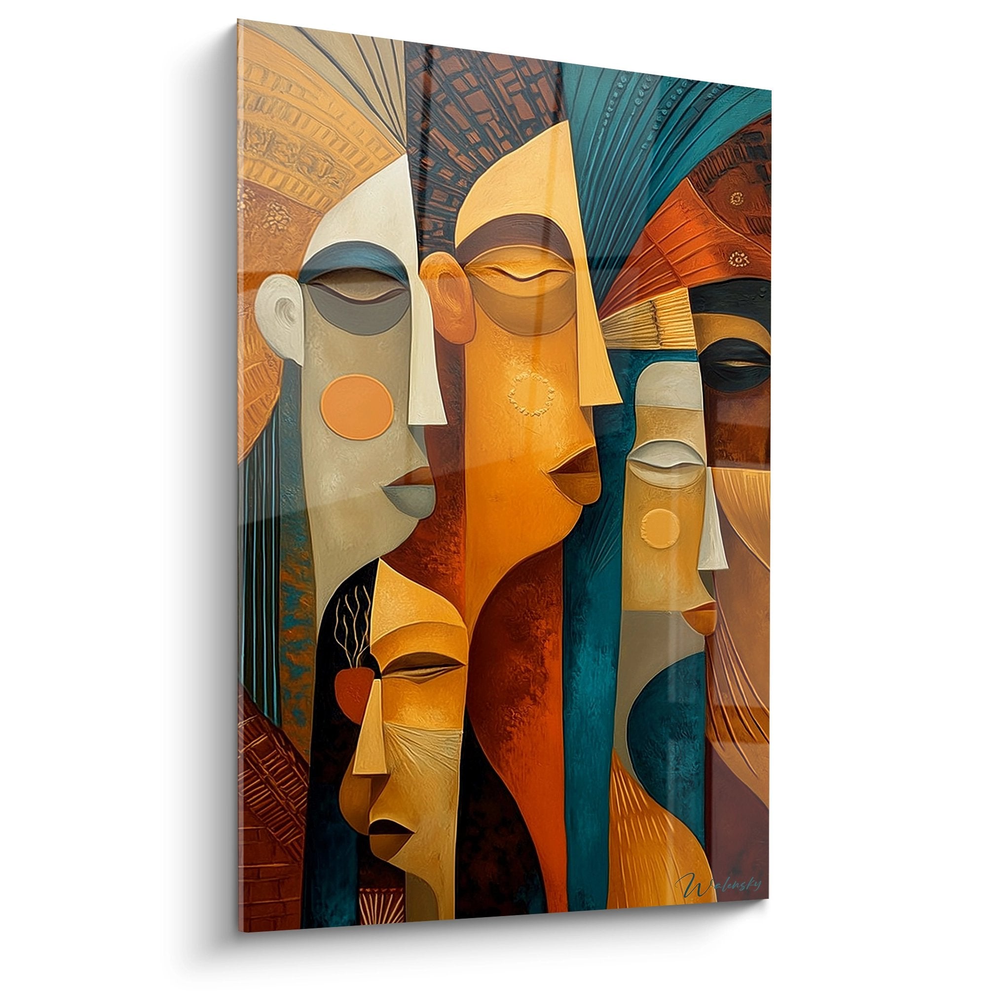 Tableau cubiste representant plusieurs masques africains aux tons ocres et bleus dans un style geometrique moderne