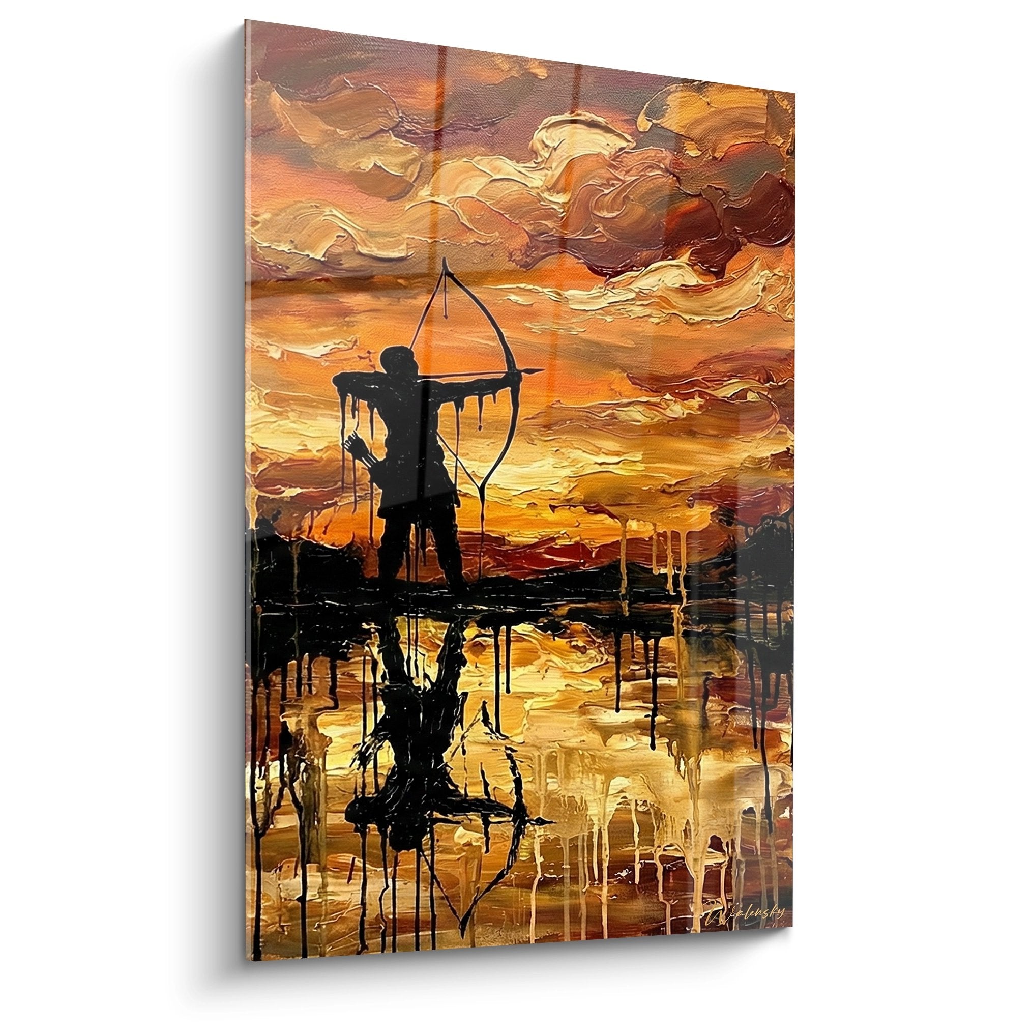 Tableau moderne représentant la silhouette d'un archer au coucher de soleil avec reflets sur l'eau