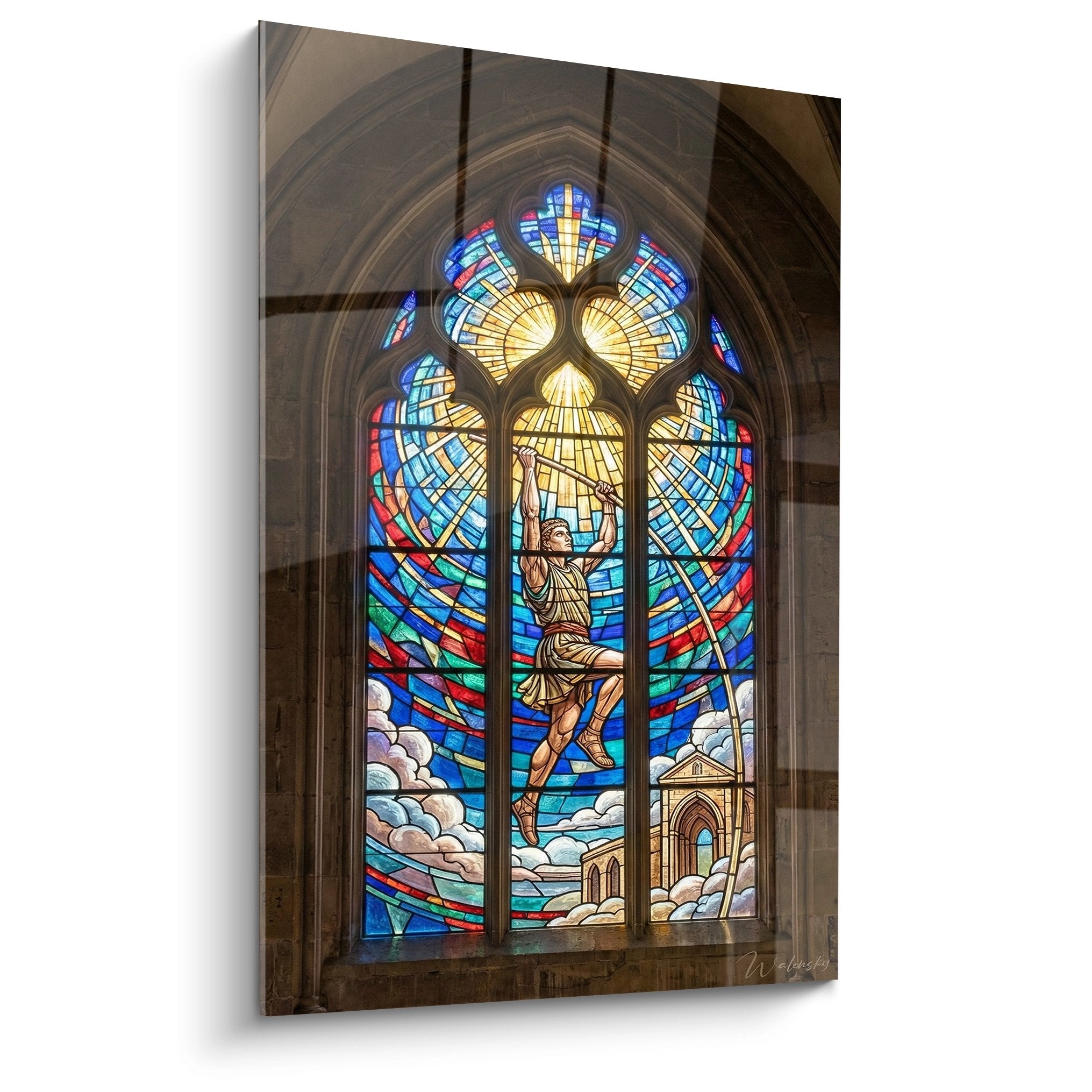 Tableau mural representant un athlete dans un vitrail gothique avec lumiere doree et architecture sacree