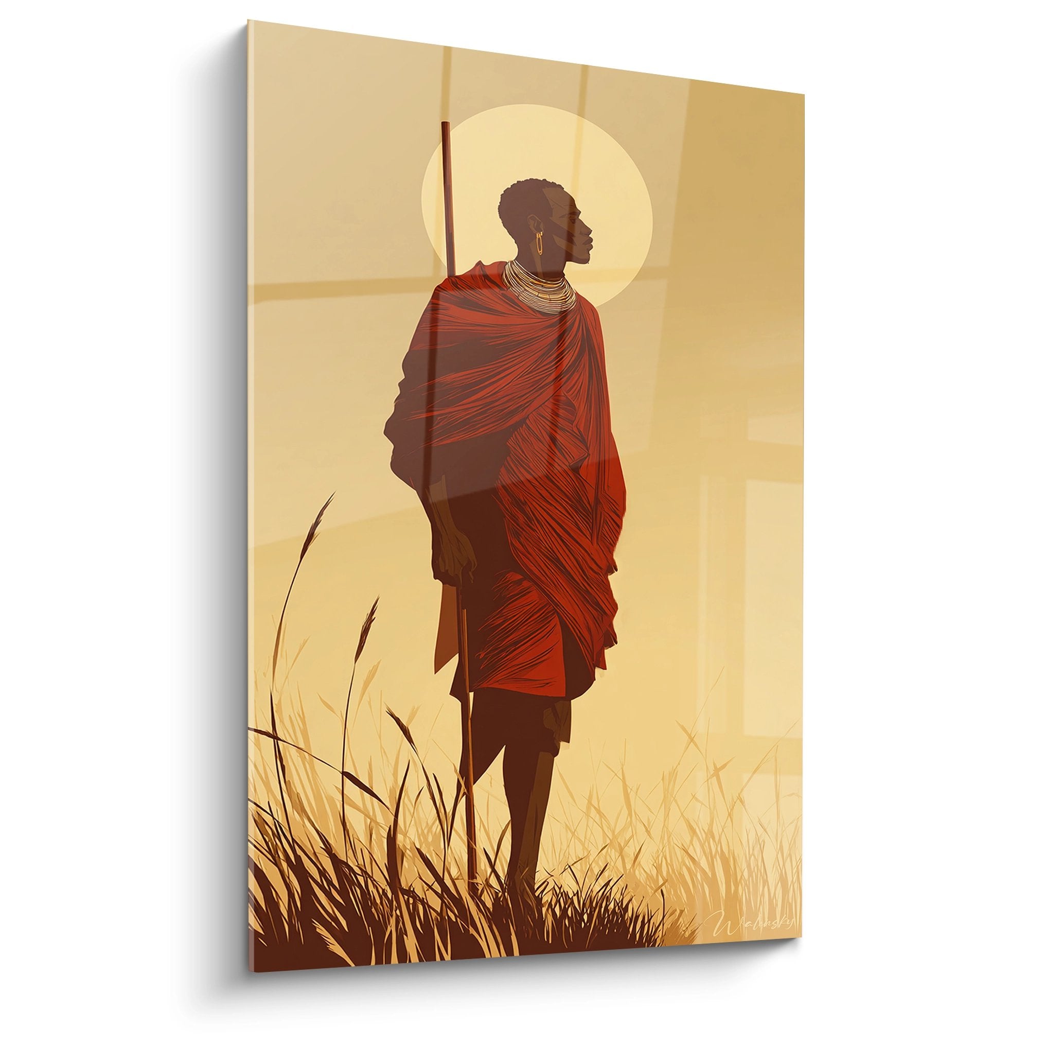 Maasai warrior painting in red shuka in golden savanna with spear and spiritual halo African art