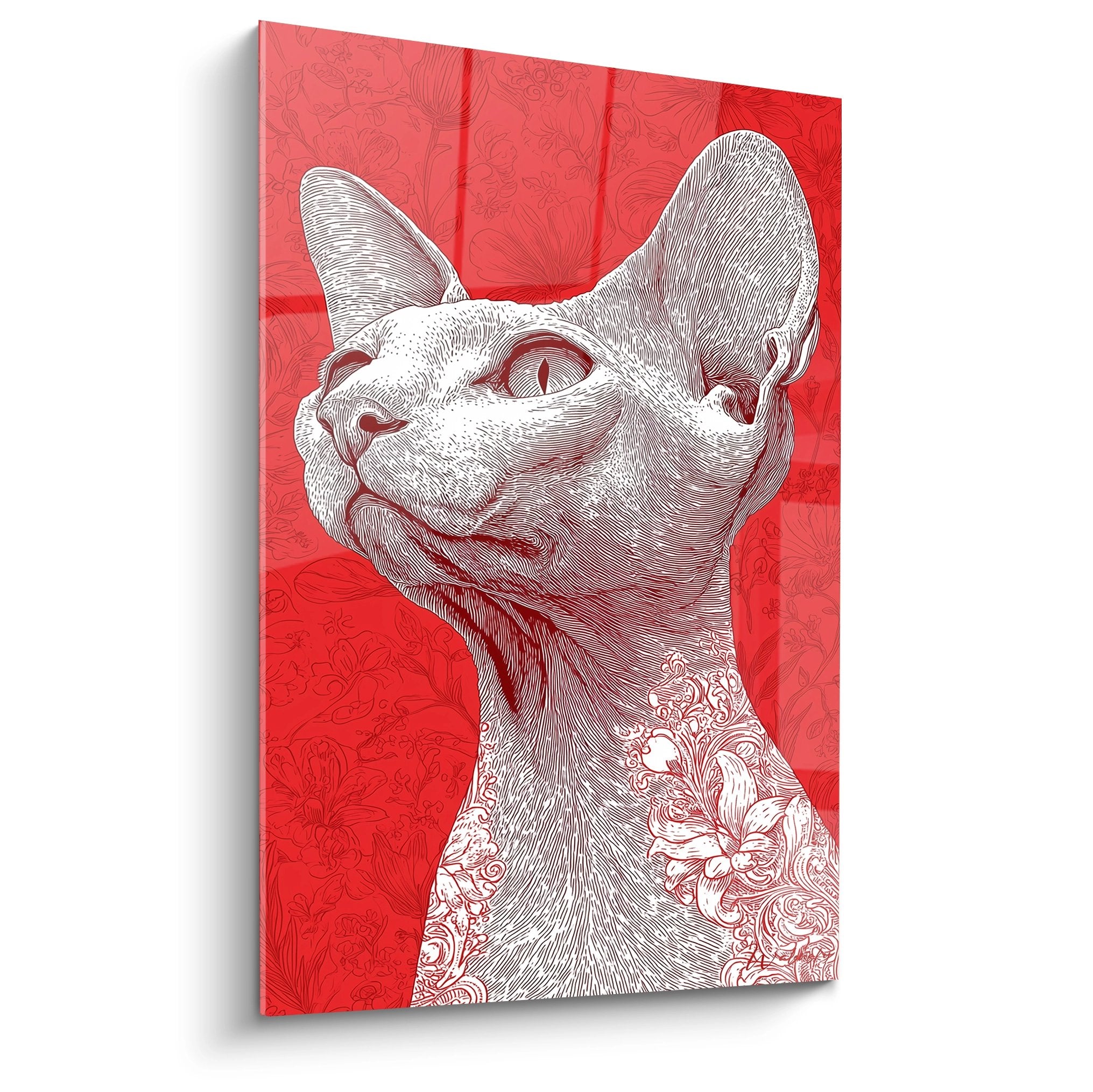 Quadro ritratto gatto Cornish Rex rosso con motivi floreali, stile incisione artistica per decorazione murale