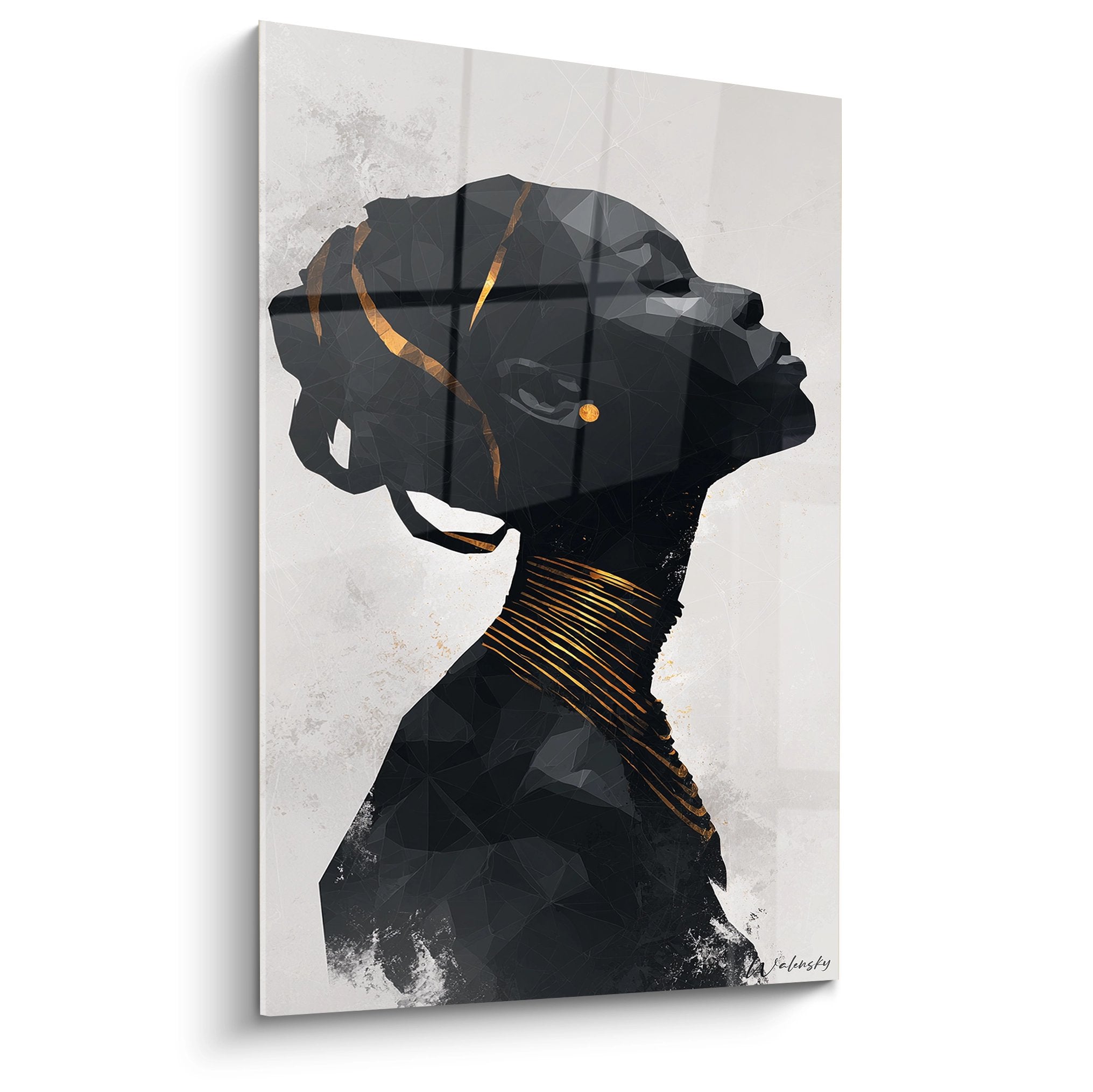 Quadro moderno profilo donna africana silhouette nera con accenti dorati su sfondo texture bianco