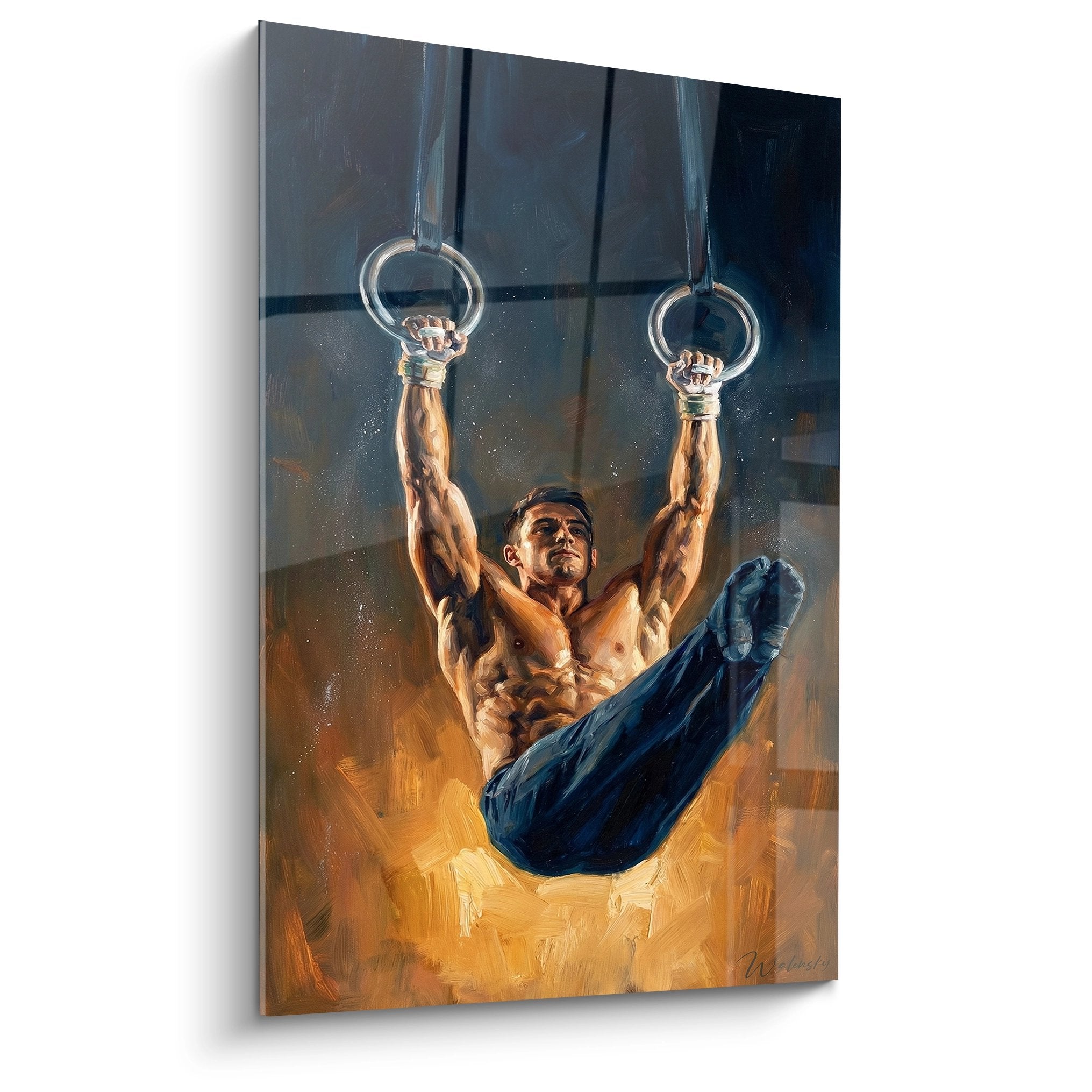 Quadro crossfit atleta agli anelli di ginnastica che dimostra forza e tecnica nell'arte murale sportiva moderna