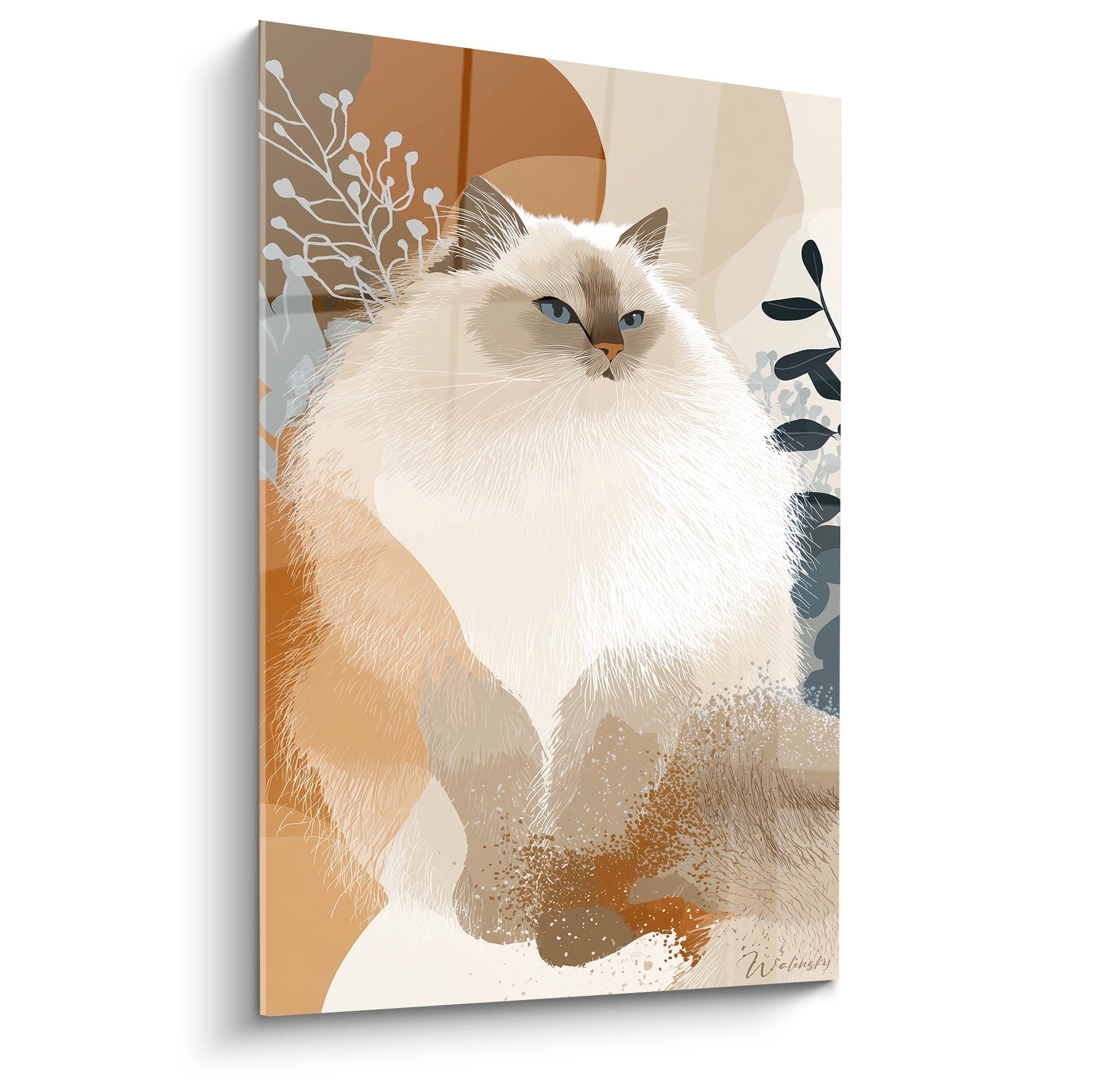 Tableau artistique chat Sibérien aux yeux bleus sur fond beige avec motifs botaniques style moderne