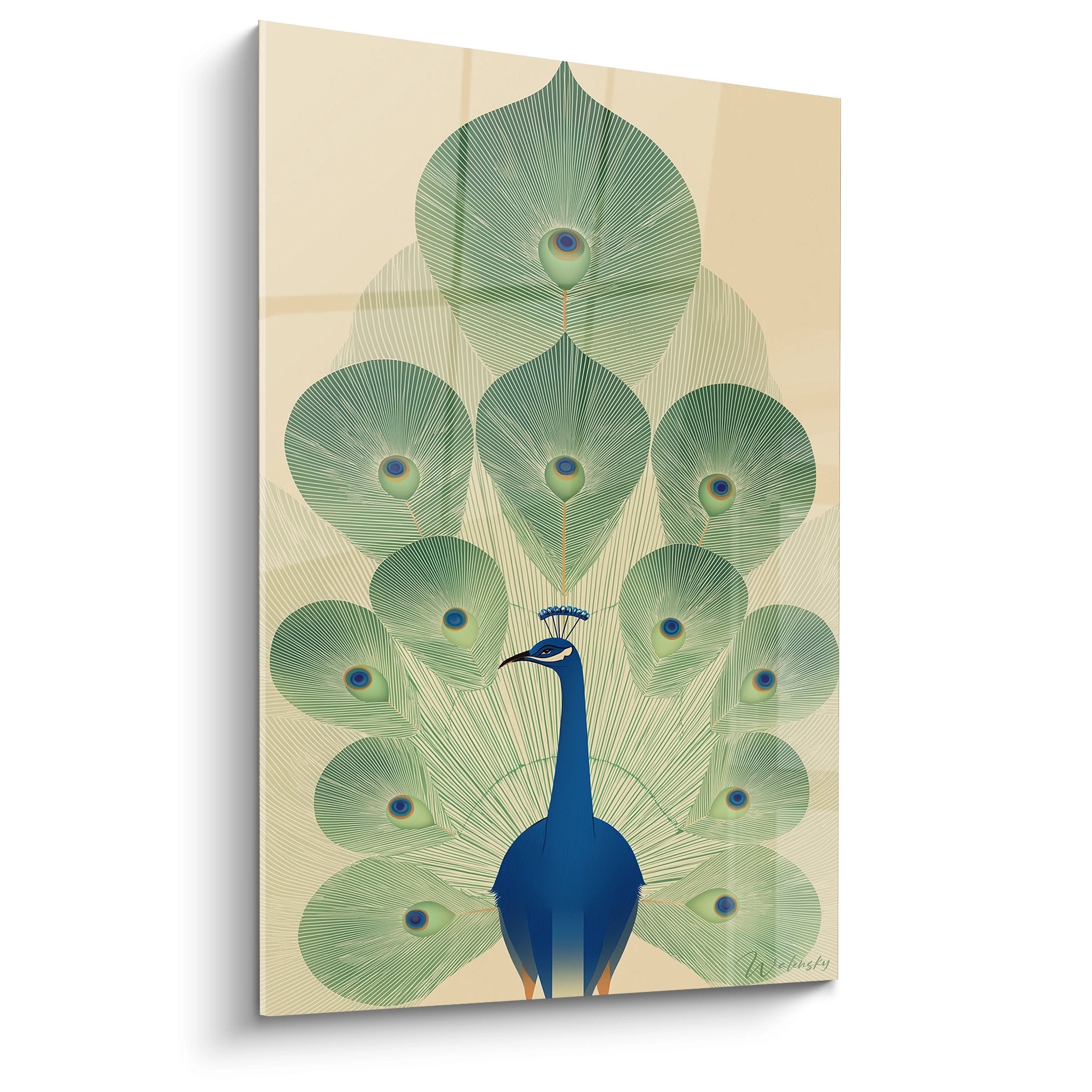 Art-Deco-Gemälde mit einem majestätischen Pfau mit ausgebreiteten blauen und grünen Federn auf beigem Hintergrund