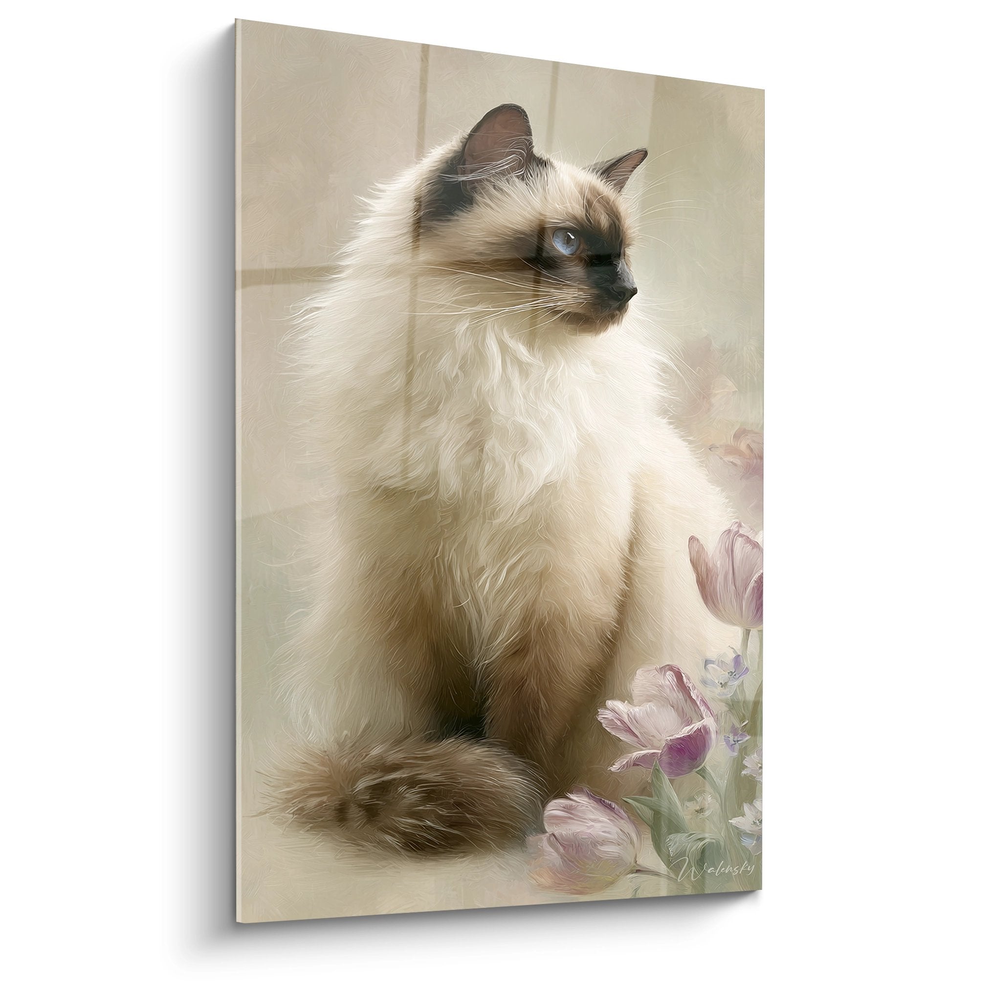 Birman cat wall art with blue eyes and pink tulips on beige background, elegant decorative art