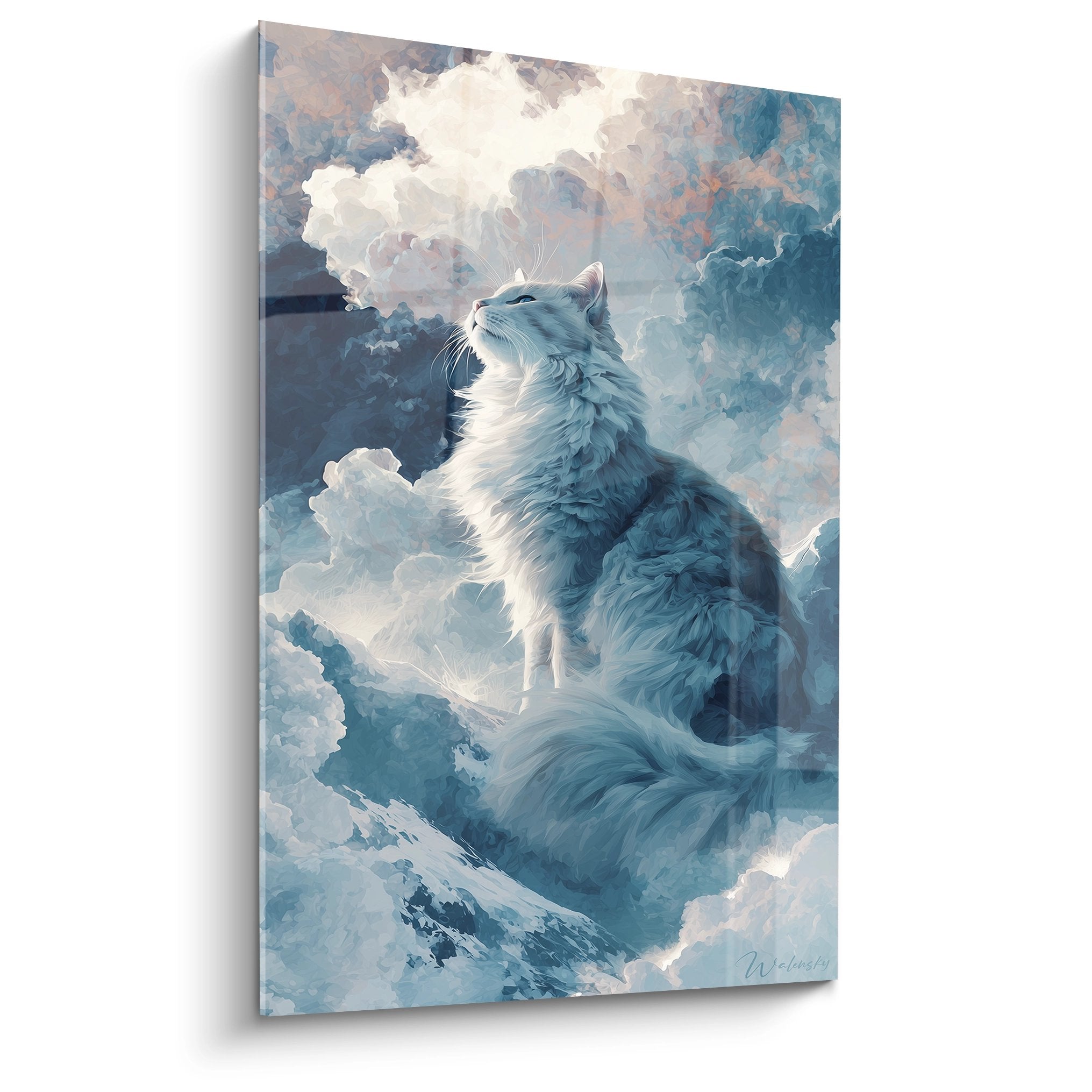 Tableau chat sibérien contemplatif aux tons bleus regardant vers un ciel nuageux - art mural apaisant