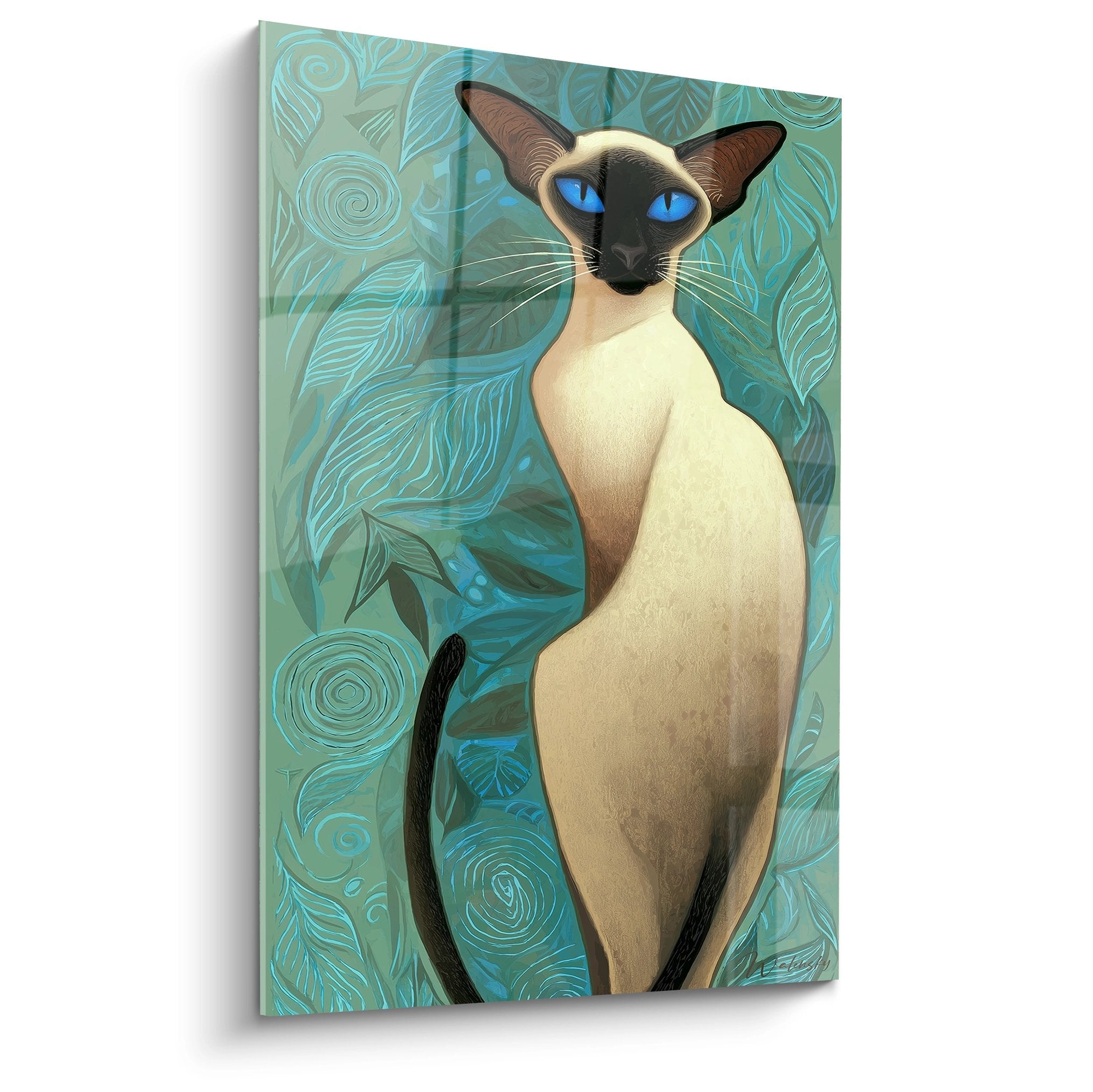 Quadro artistico gatto siamese con occhi blu su sfondo tropicale turchese con motivi vegetali stilizzati