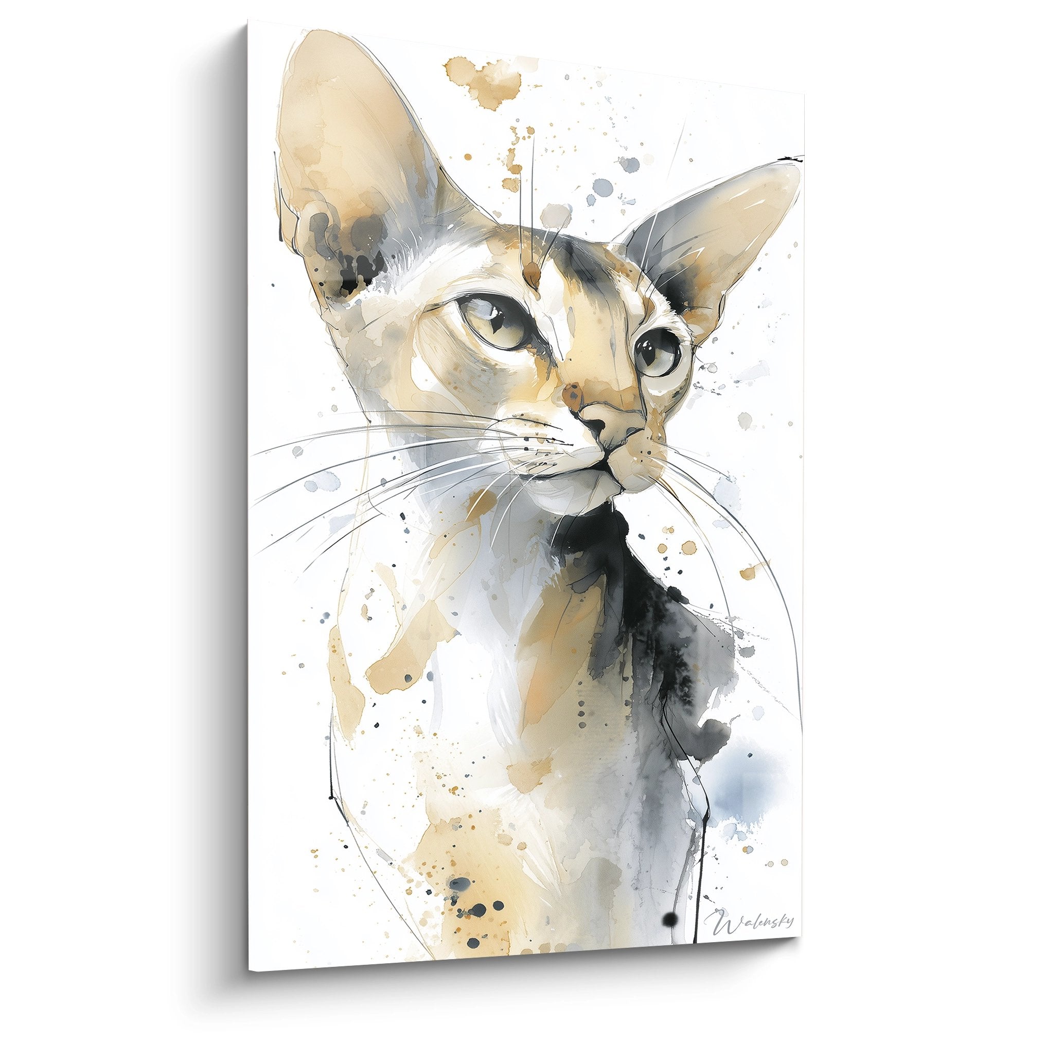 Tableau moderne chat Singapura en aquarelle avec tons beiges et gris, portrait artistique mural contemporain
