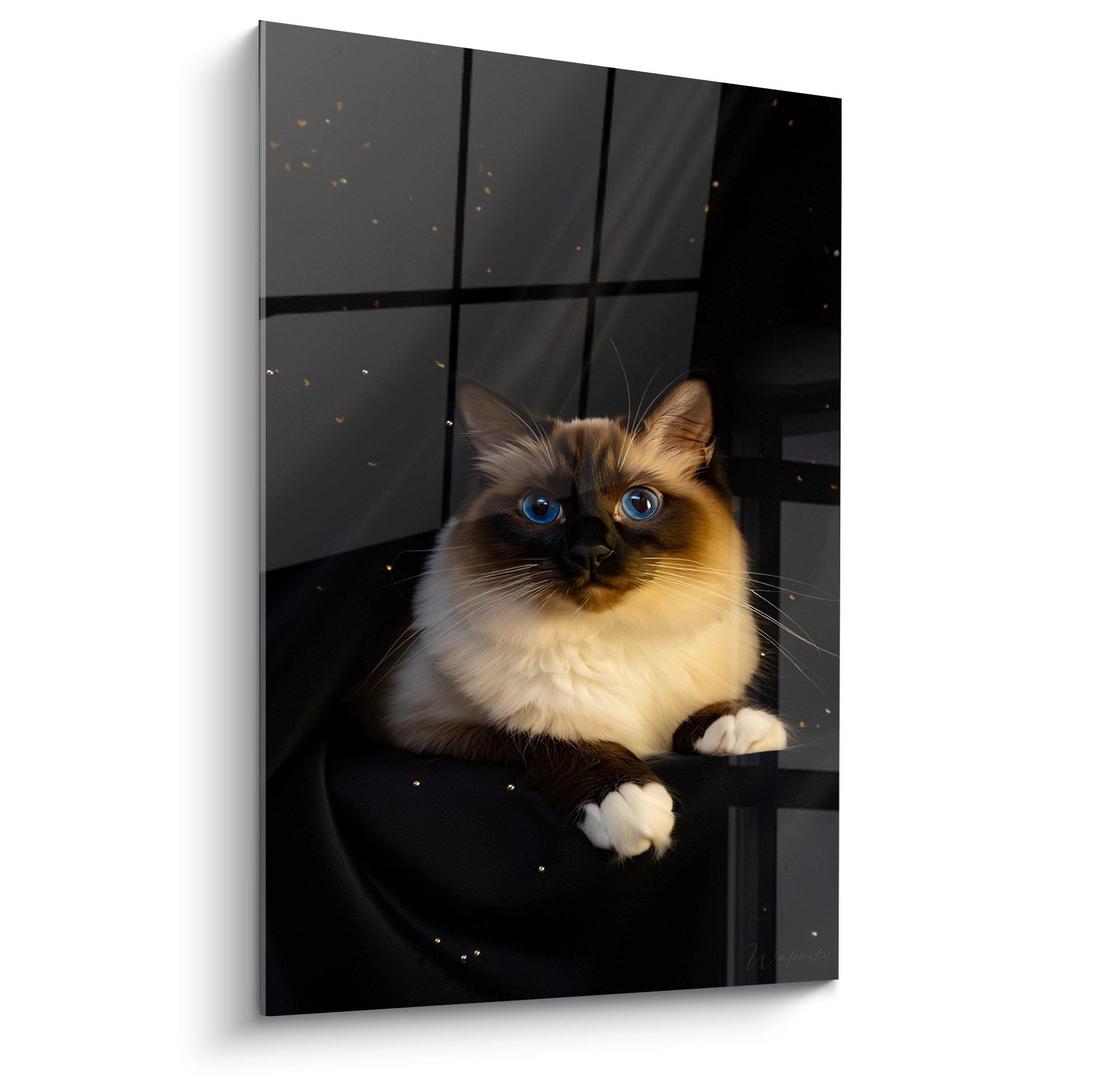 Birman cat painting with blue eyes in starry cosmic reflection, modern feline wall art
