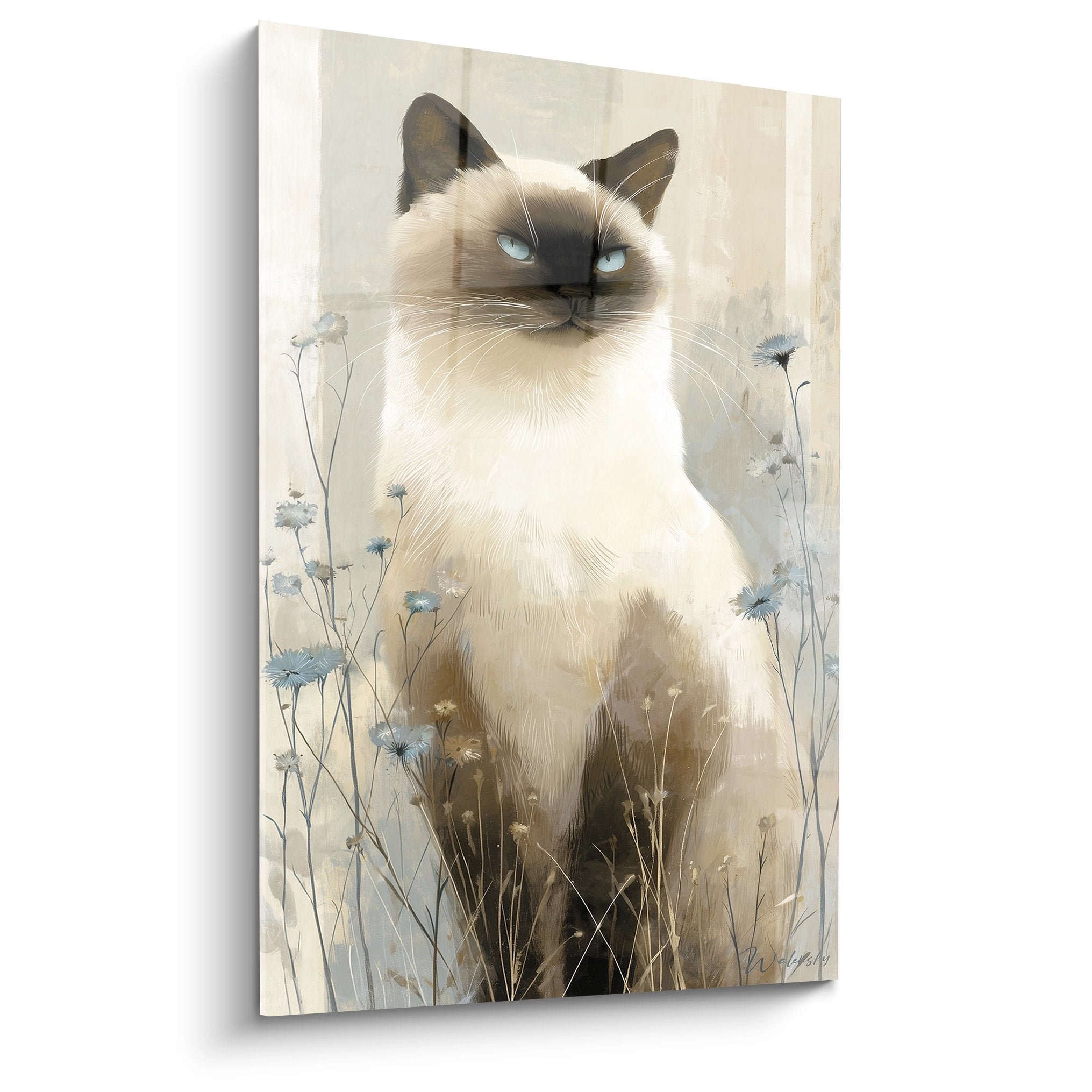 Birman cat wall art with blue eyes sitting in meadow with blue wildflowers on cream beige background