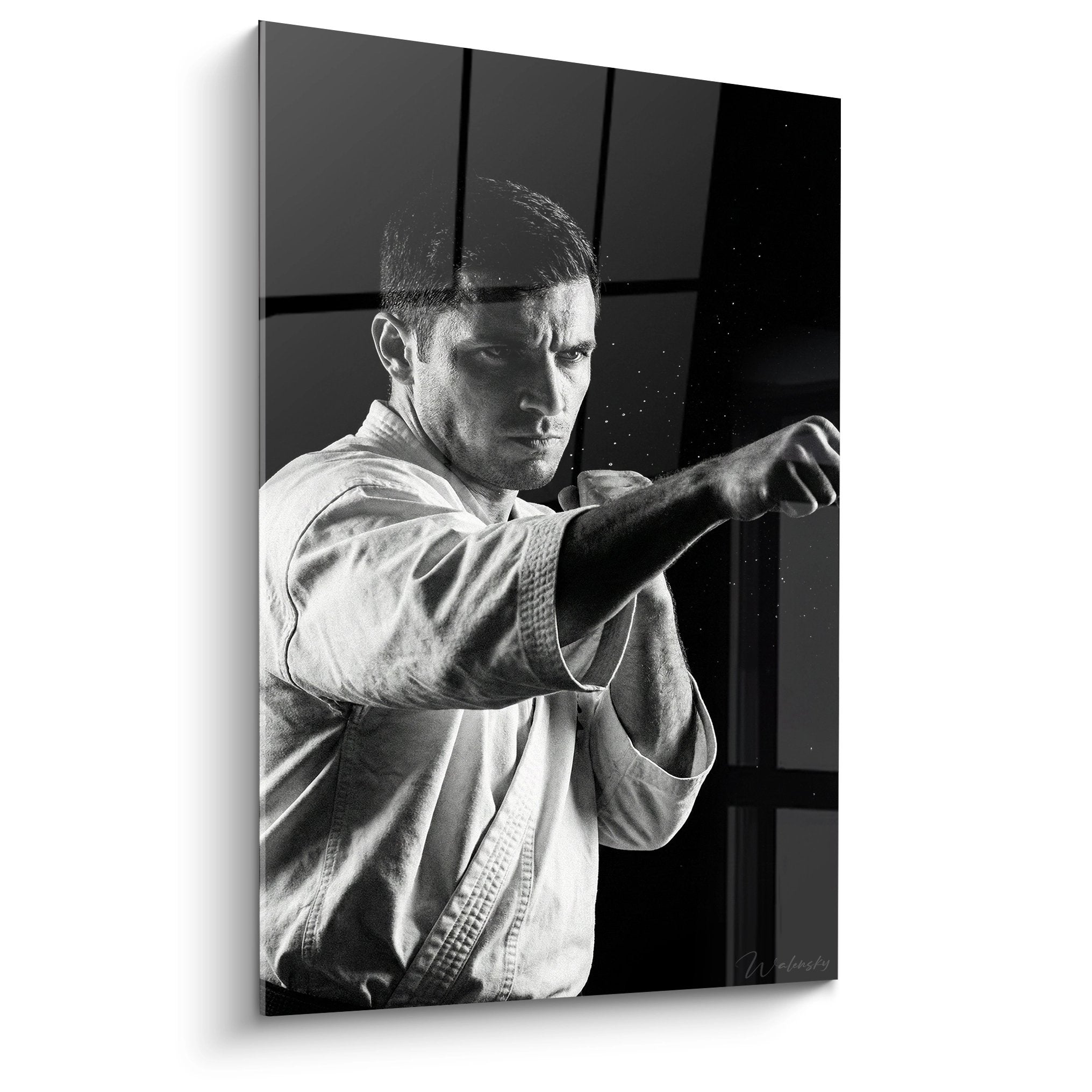 Tableau karaté noir et blanc montrant un karatéka en kimono et ceinture noire en position de combat dynamique