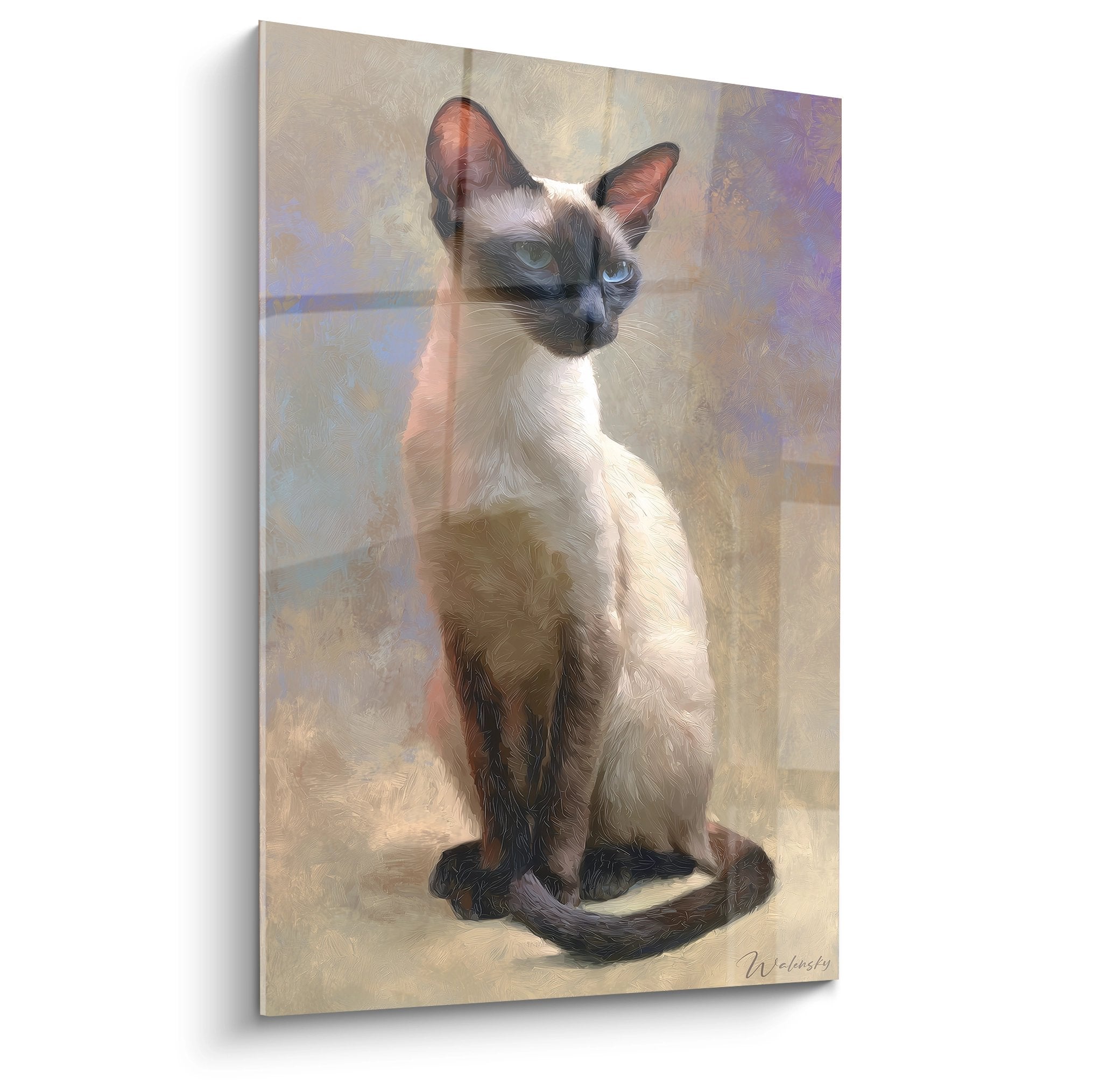 Quadro artistico gatto siamese elegante seduto su fondo beige occhi blu decorazione murale