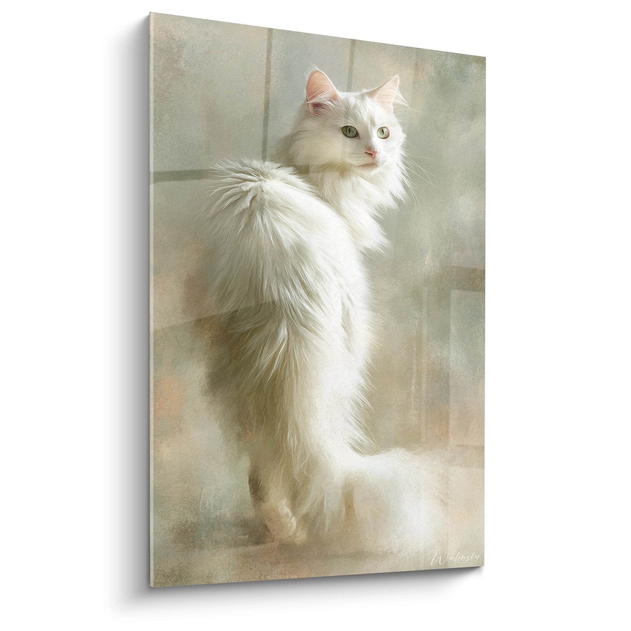 Majestic white Turkish Angora cat portrait standing in elegant pose with green eyes on artistic light background