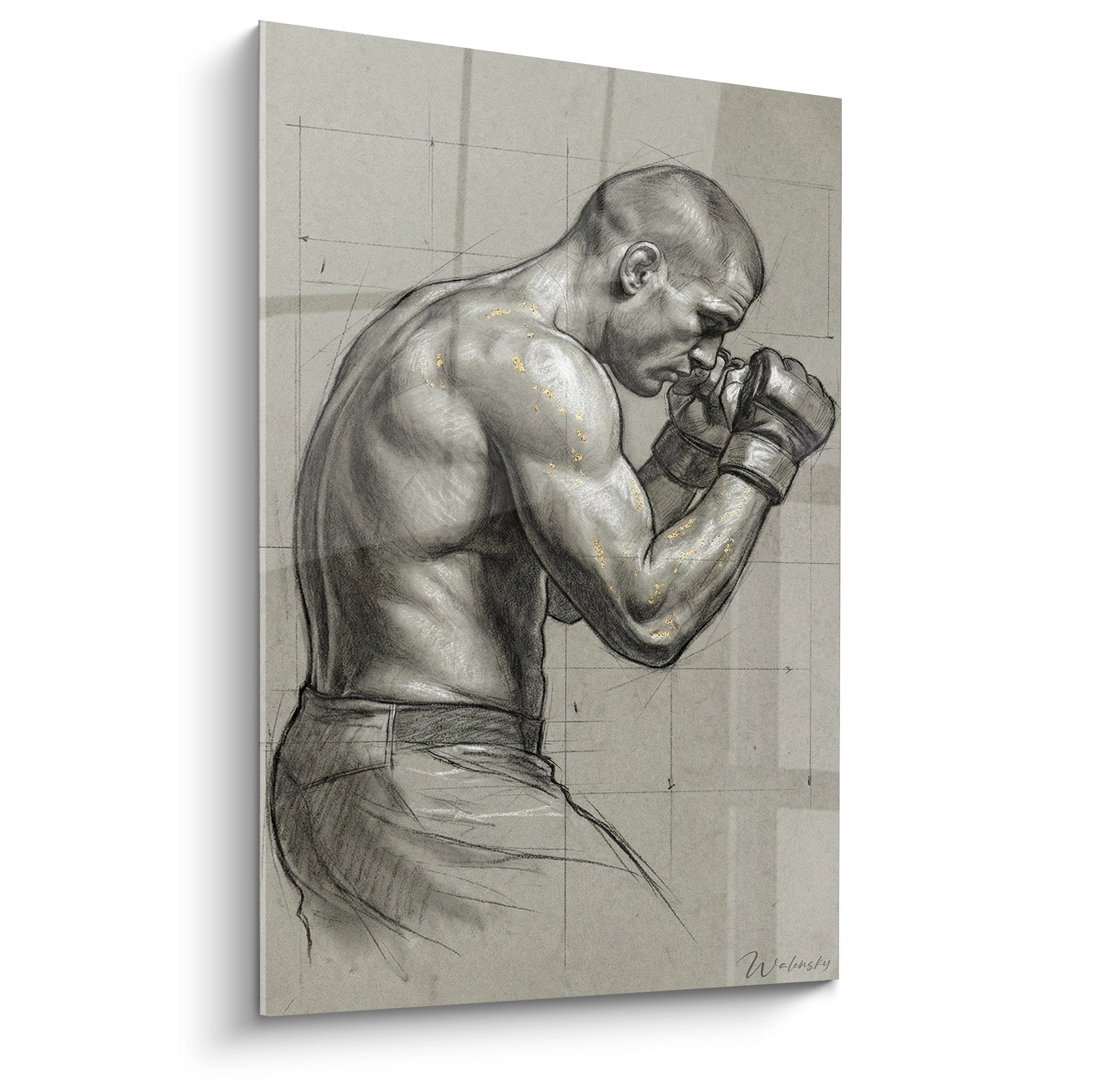 Tableau artistique d'un boxeur MMA torse nu en position de combat avec gants, dessin réaliste noir et blanc